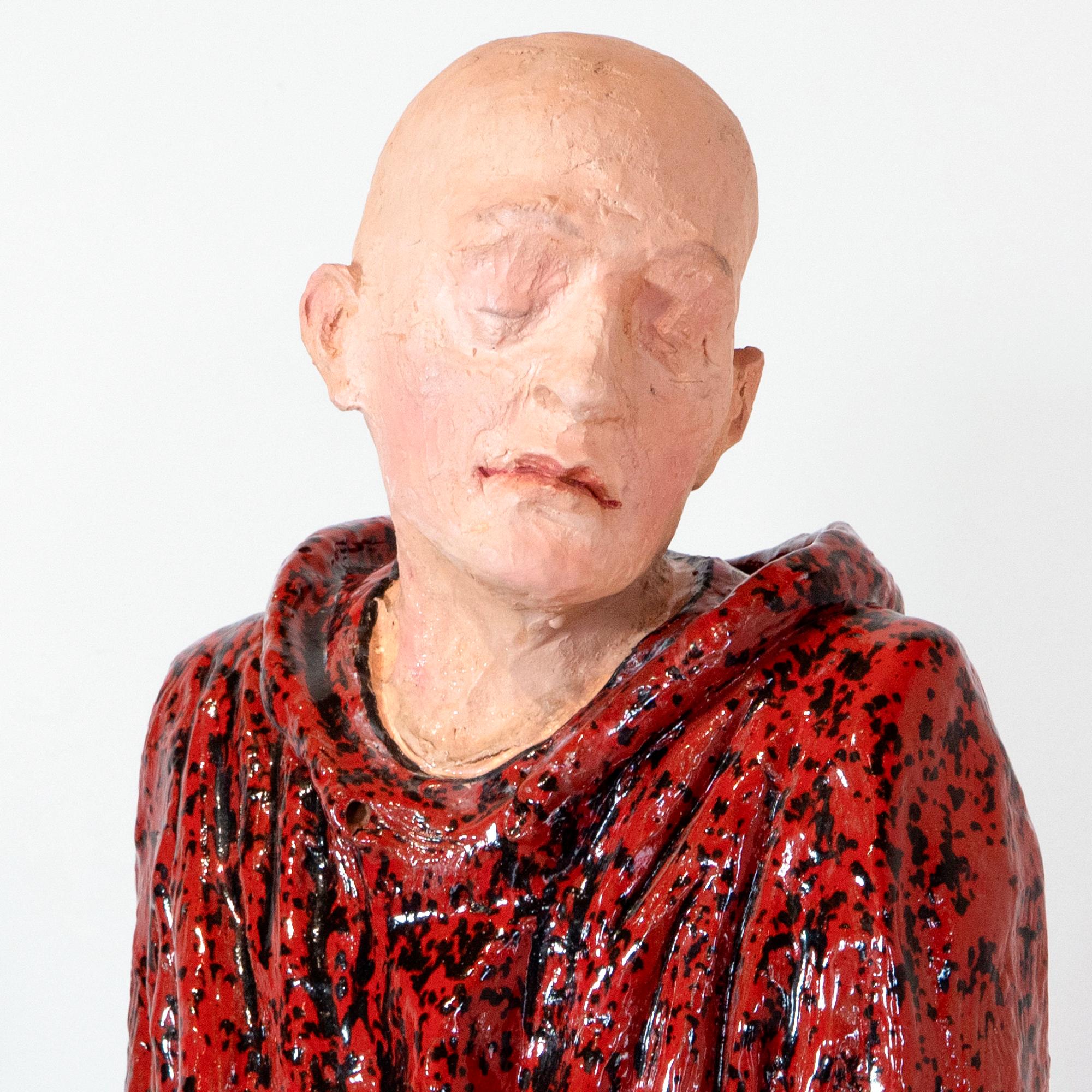 Bald Man in Red Cloak. Low-Fired Glazed Ceramic and Oil-Painted Head, Contempory For Sale 7