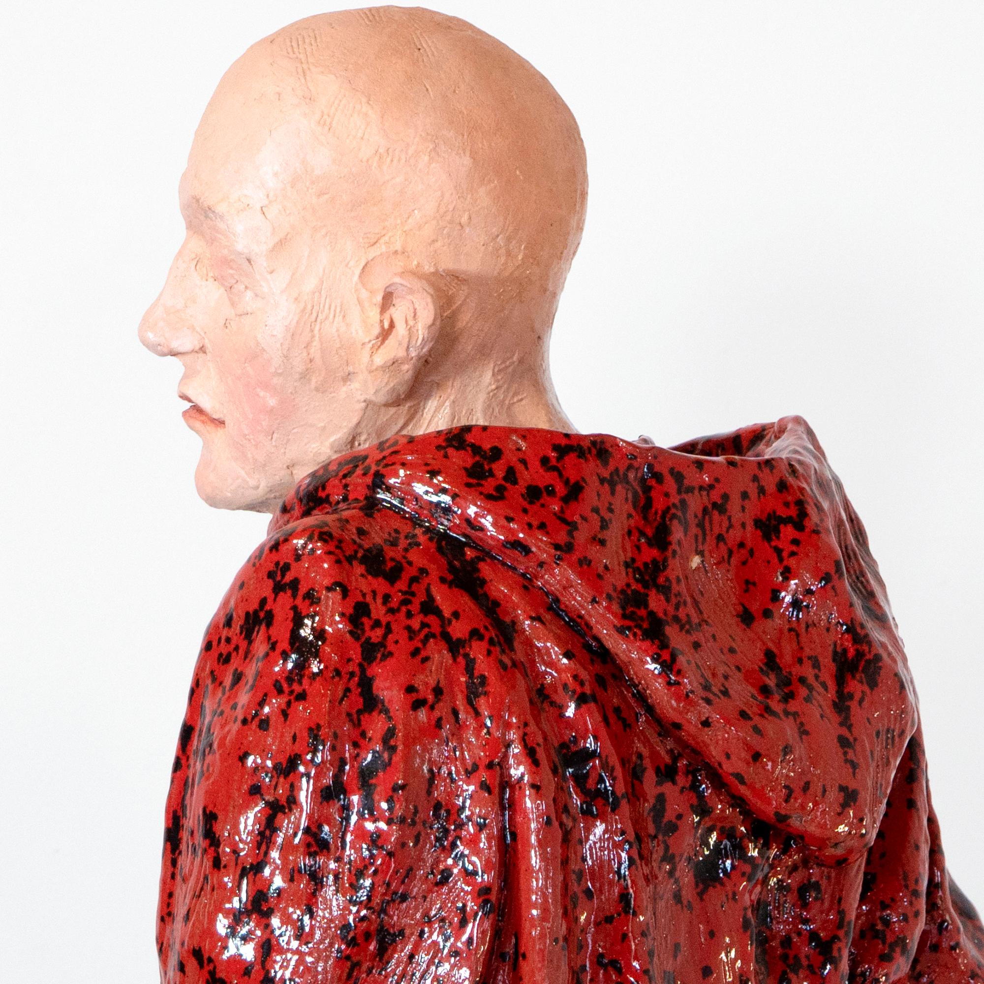 Bald Man in Red Cloak. Low-Fired Glazed Ceramic and Oil-Painted Head, Contempory For Sale 8