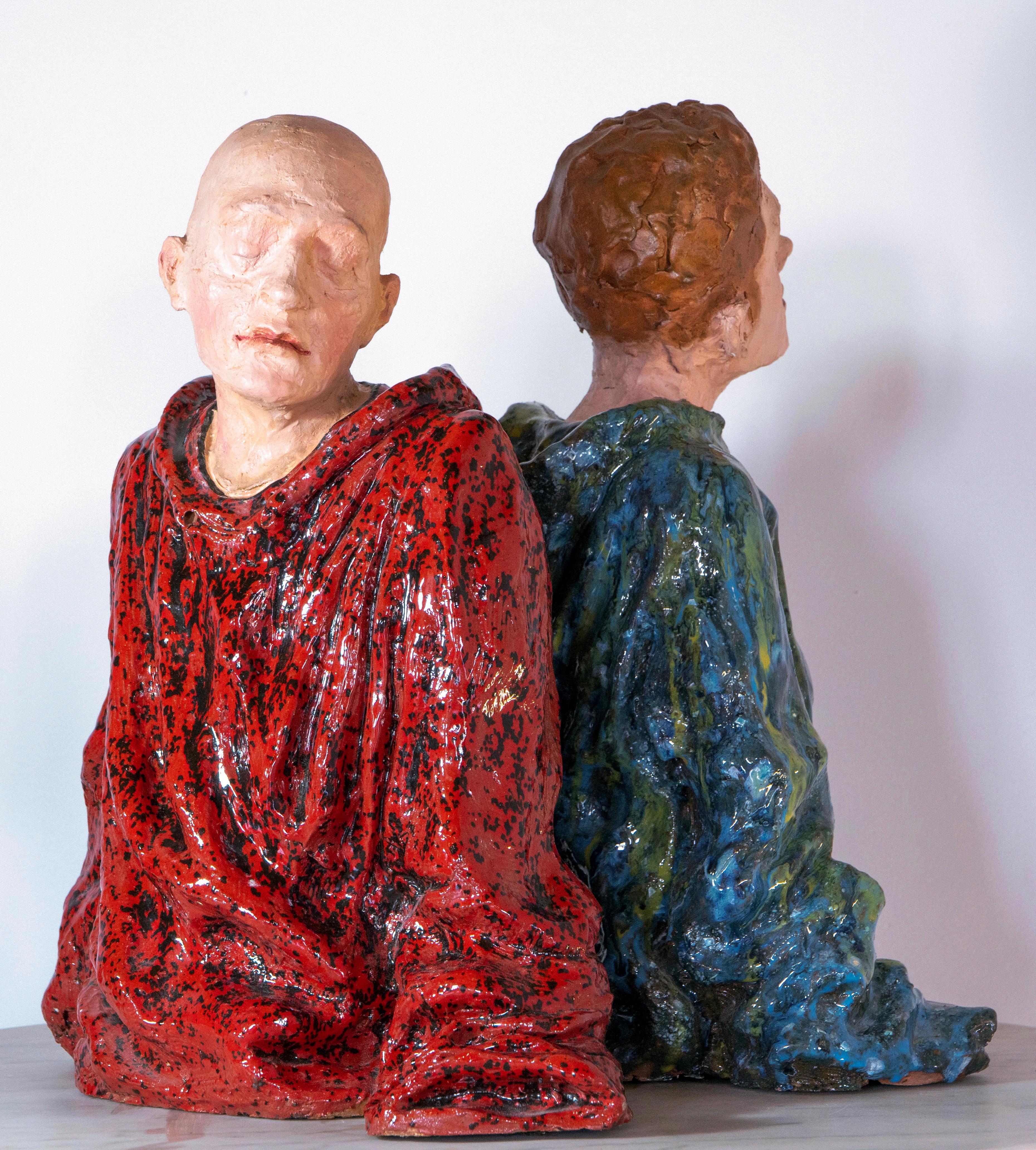 Bald Man in Red Cloak. Low-Fired Glazed Ceramic and Oil-Painted Head, Contempory For Sale 10