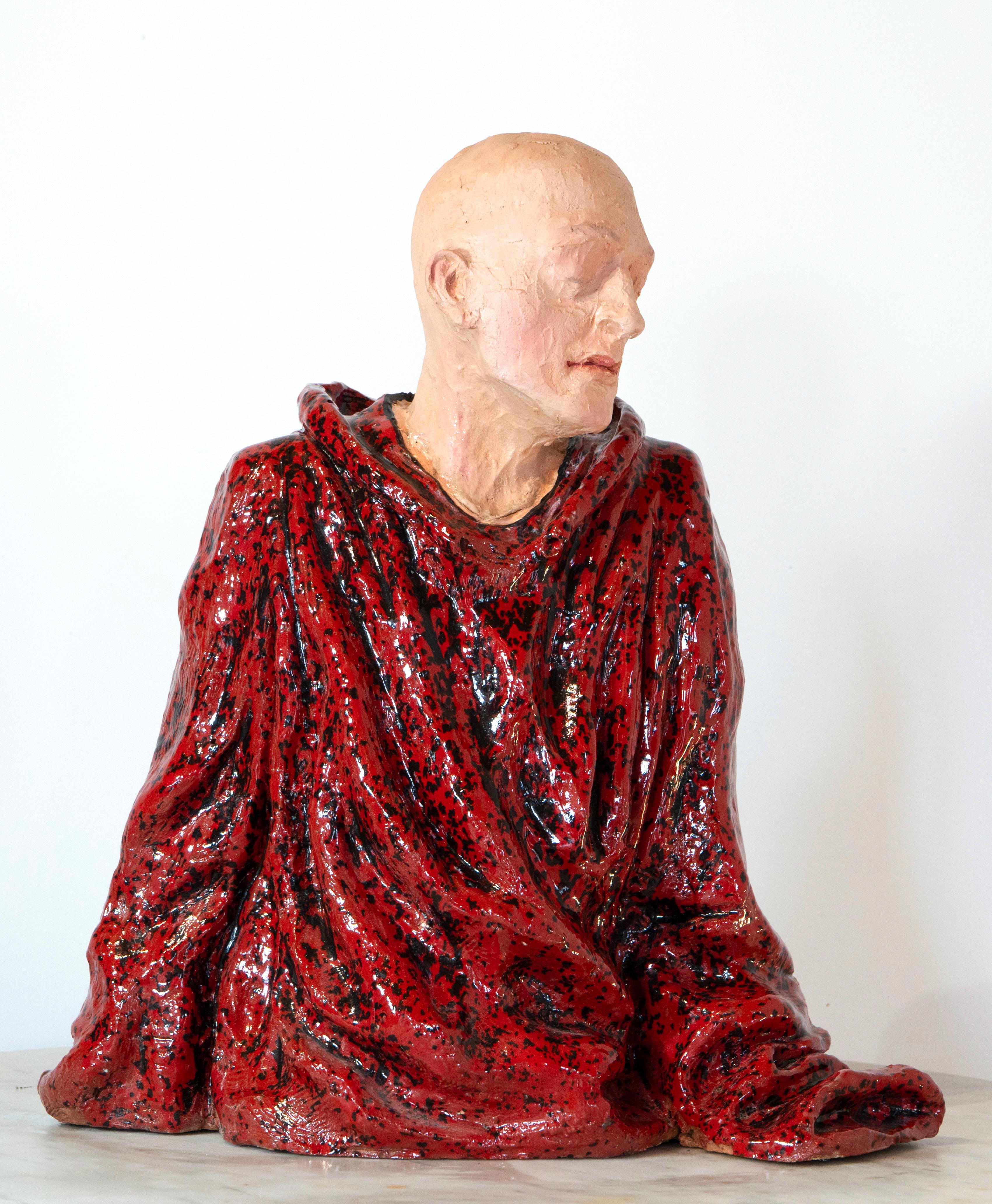 Bald Man in Red Cloak. Low-Fired Glazed Ceramic and Oil-Painted Head, Contempory - Sculpture by Óscar Aldonza Torres