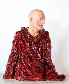 Bald Man in Red Cloak. Low-Fired Glazed Ceramic and Oil-Painted Head, Contempory