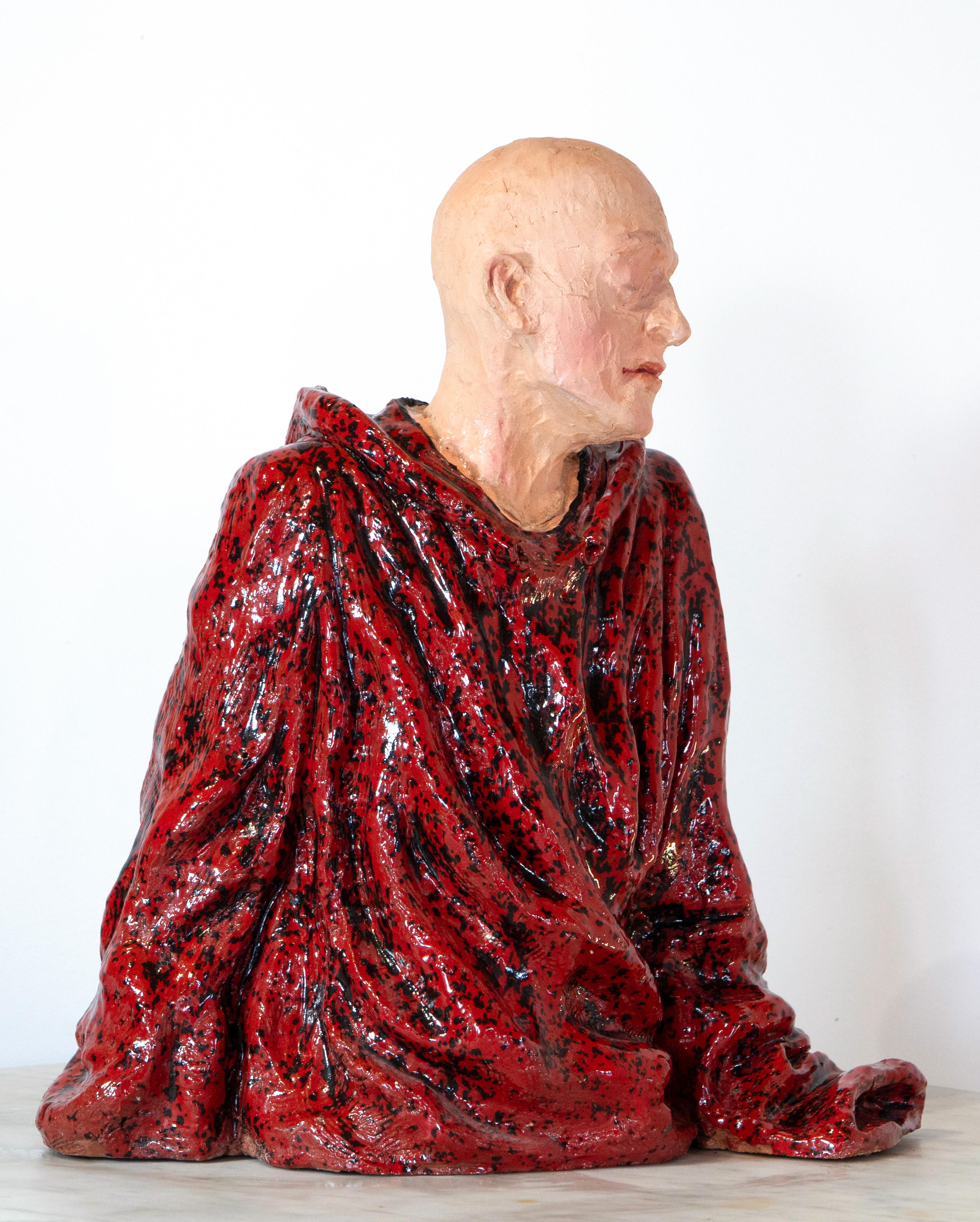 Bald Man in Red Cloak. Low-Fired Glazed Ceramic and Oil-Painted Head, Contempory - Contemporary Sculpture by Óscar Aldonza Torres