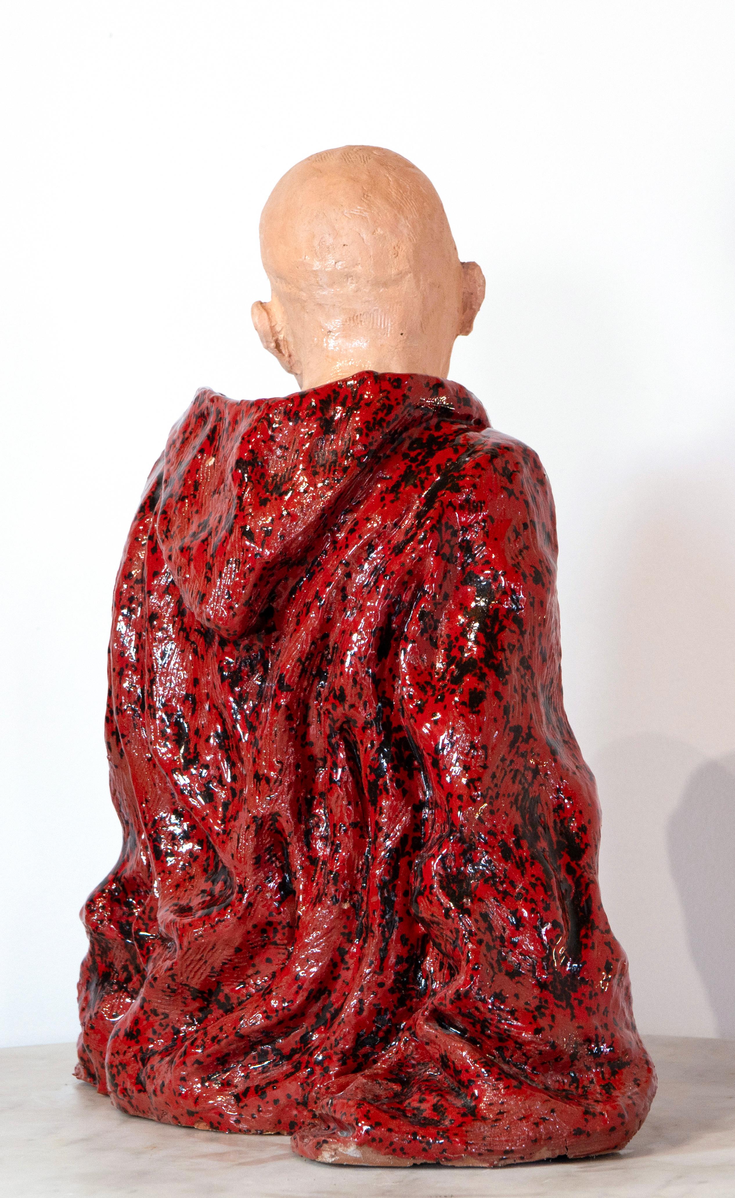 Bald Man in Red Cloak. Low-Fired Glazed Ceramic and Oil-Painted Head, Contempory For Sale 1