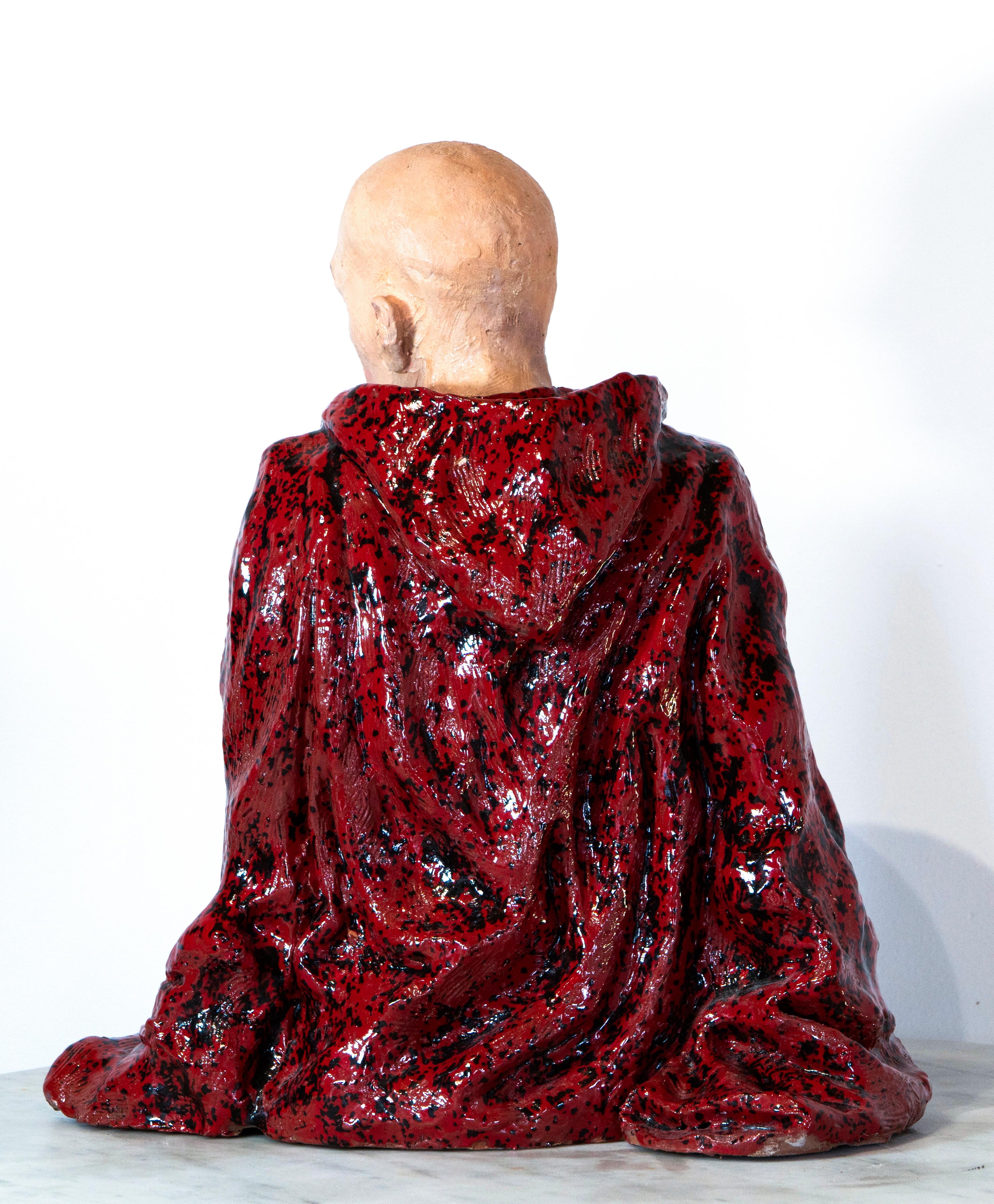 Bald Man in Red Cloak. Low-Fired Glazed Ceramic and Oil-Painted Head, Contempory For Sale 2