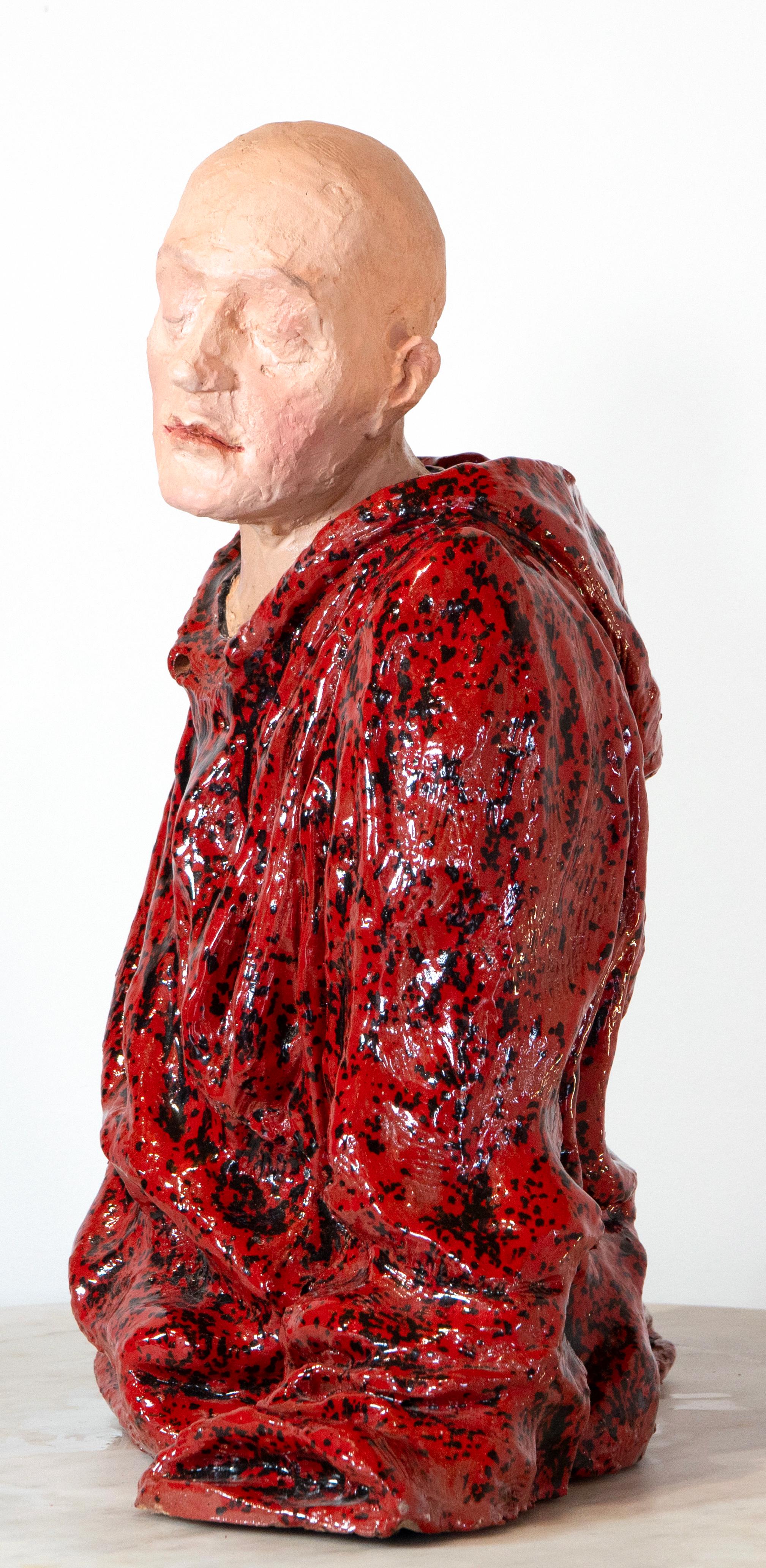 Bald Man in Red Cloak. Low-Fired Glazed Ceramic and Oil-Painted Head, Contempory For Sale 4