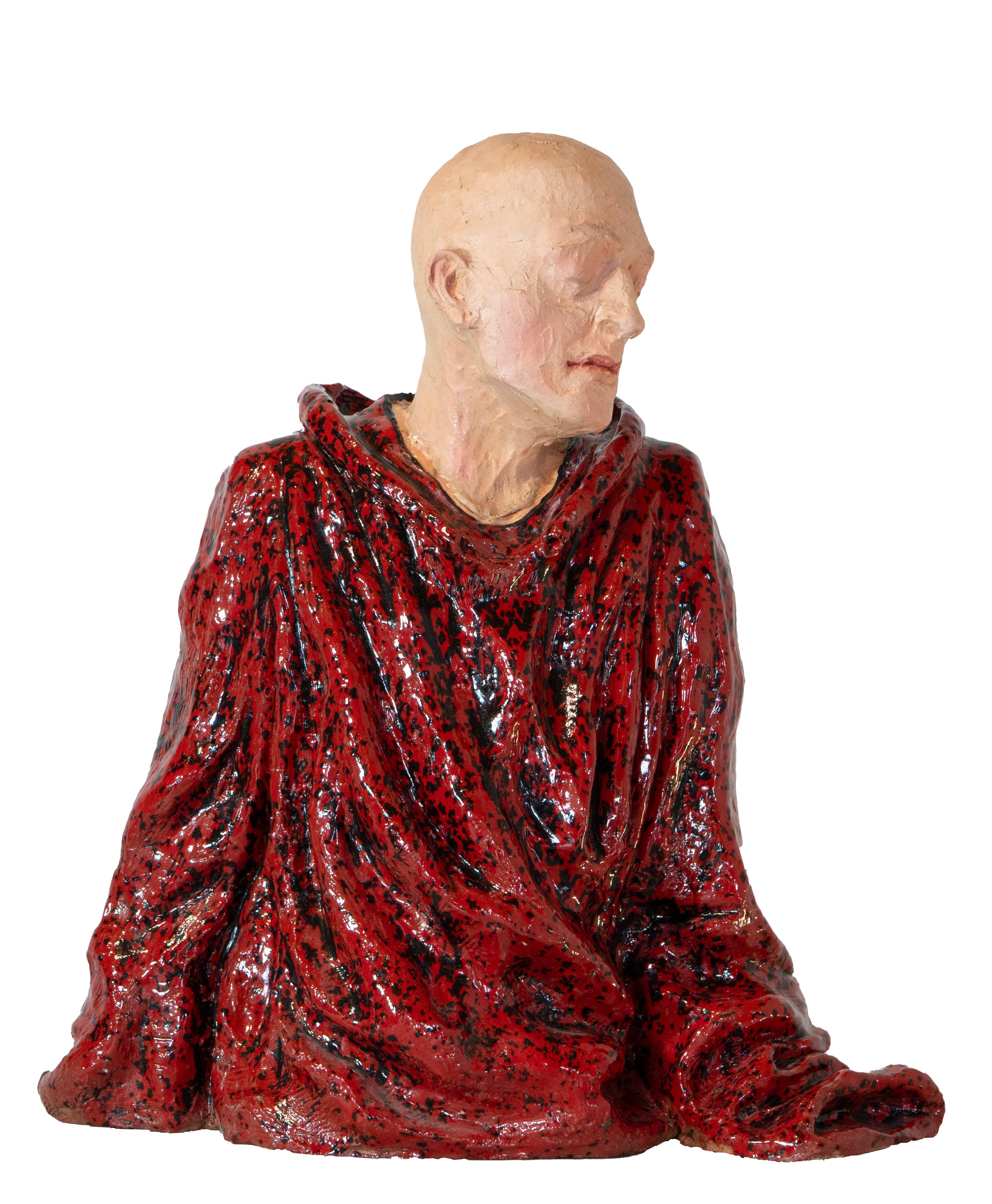 Óscar Aldonza Torres Figurative Sculpture - Bald Man in Red Cloak. Low-Fired Glazed Ceramic and Oil-Painted Head, Contempory