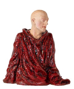 Bald Man in Red Cloak. Low-Fired Glazed Ceramic and Oil-Painted Head, Contempory
