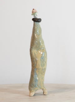 Whimsical Figure in Pink Baseball Cap, Glazed Stoneware Sculpture