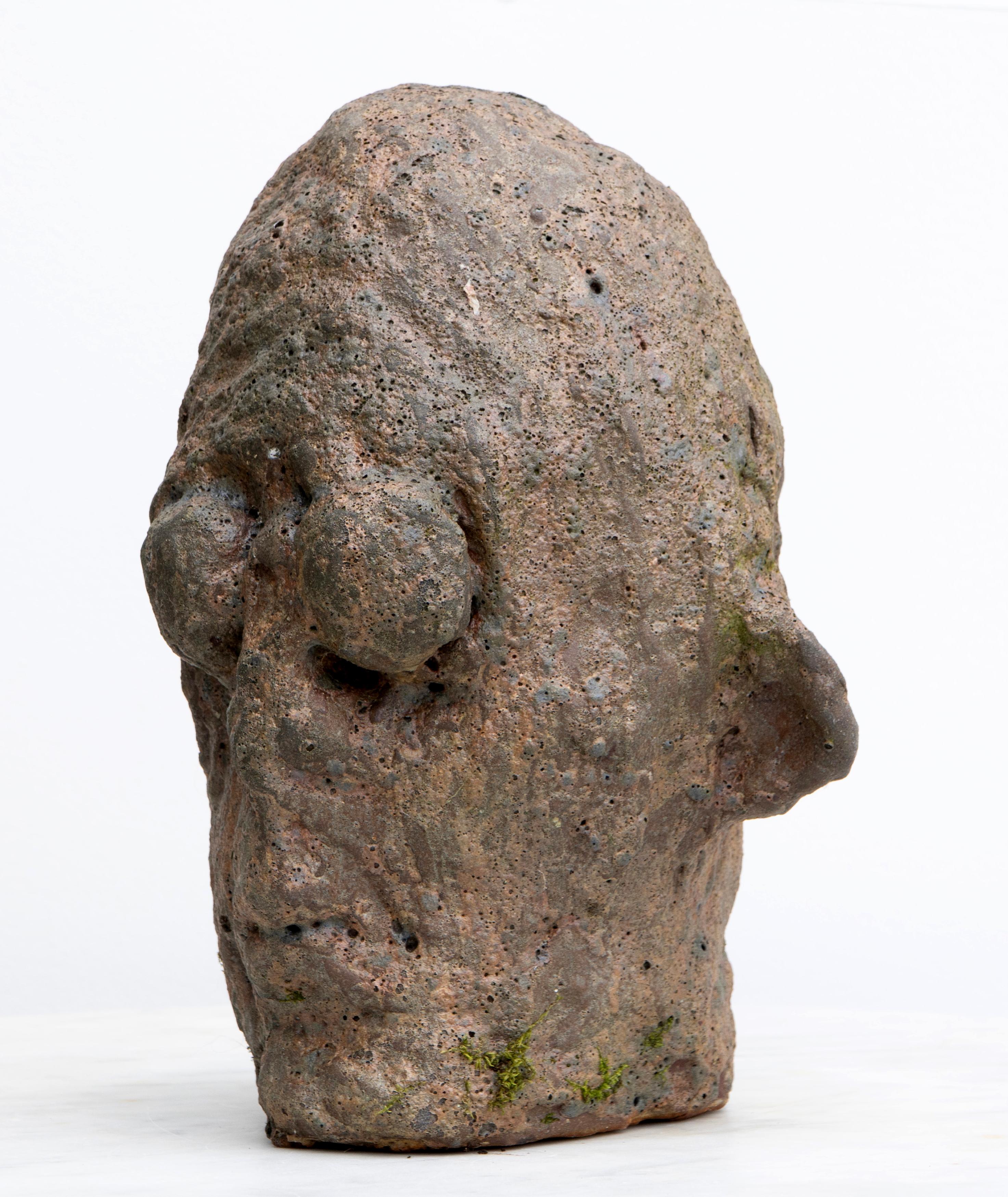 Die keramische Kopfskulptur aus der Serie Testas mit dem Titel Testa Nº12 ist eine expressionistische Erkundung des menschlichen Gesichts aus feuerfestem, in Reduktion gebranntem Steinzeug. Die Skulptur weist eine raue, poröse Oberfläche auf, die