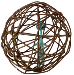 Caged Woman 2, Contemporary Verdigris Bronze Figure Suspended in Rusted Iron Orb