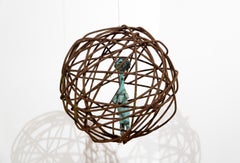 Caged Woman 3 – Verdigris Bronze Torso in Rusted Iron Globe, Lost-Wax and Forged