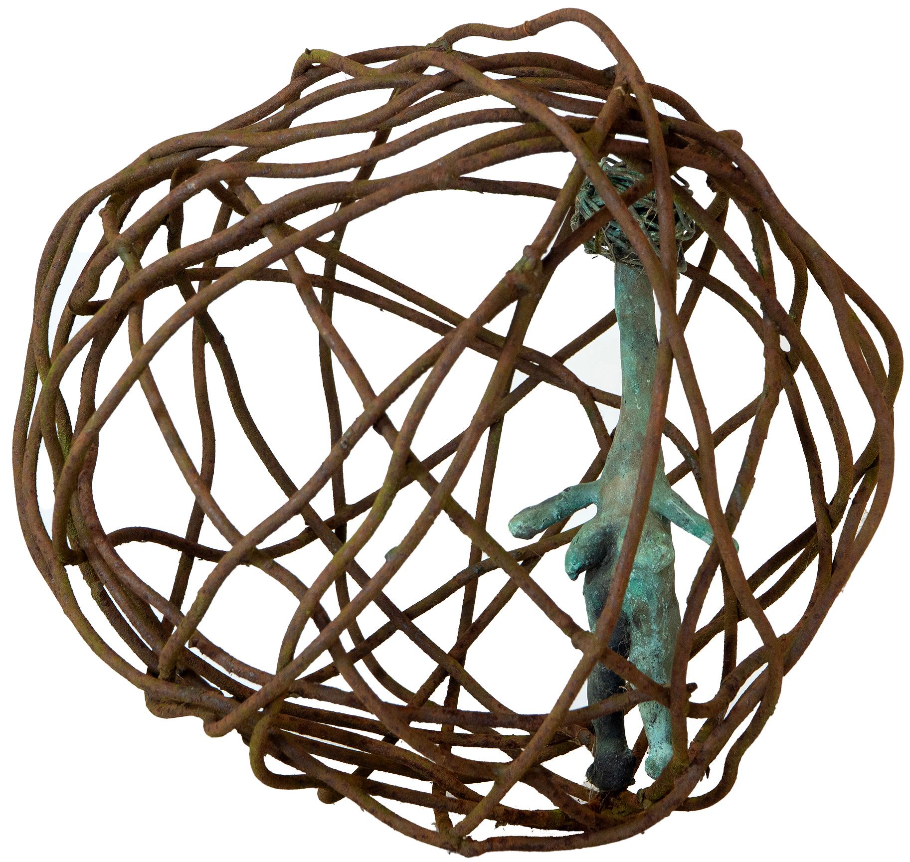 Caged Woman 3 - Torso in bronzo Verdigris con globo di ferro arrugginito, cera persa e forgiato