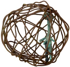 Caged Woman 3 – Verdigris Bronze Torso in Rusted Iron Globe, Lost-Wax and Forged