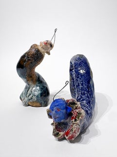 Ceramic Sculpture Duo Human Insect Hybrid Pair Contemporary Collectible Set