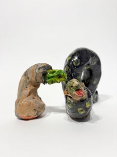 Ceramic Sculpture Duo Interacting Human Insect Hybrid Figures Narrative Pair