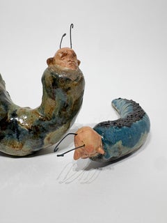 Ceramic Sculpture Duo Playful Human Insect Hybrid Figures Collectible Pair