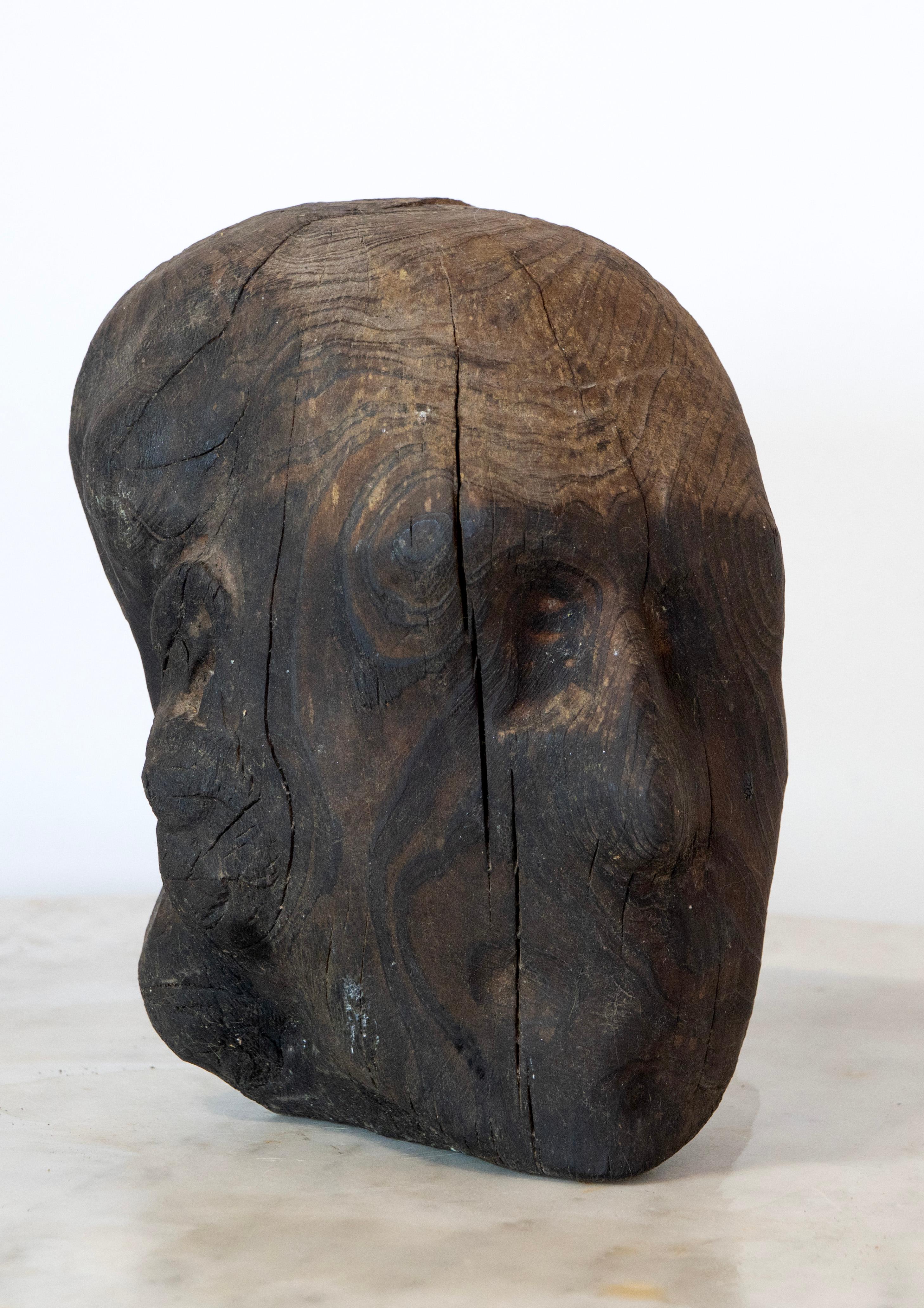 Charred pine head sculpture combines direct carving and traditional Japanese Yakisugi burning to evoke visceral themes of decay, renewal, and resilience. Tizón (18 × 22 × 20 cm) by Aldonza is carved from a single reclaimed pine block, its human