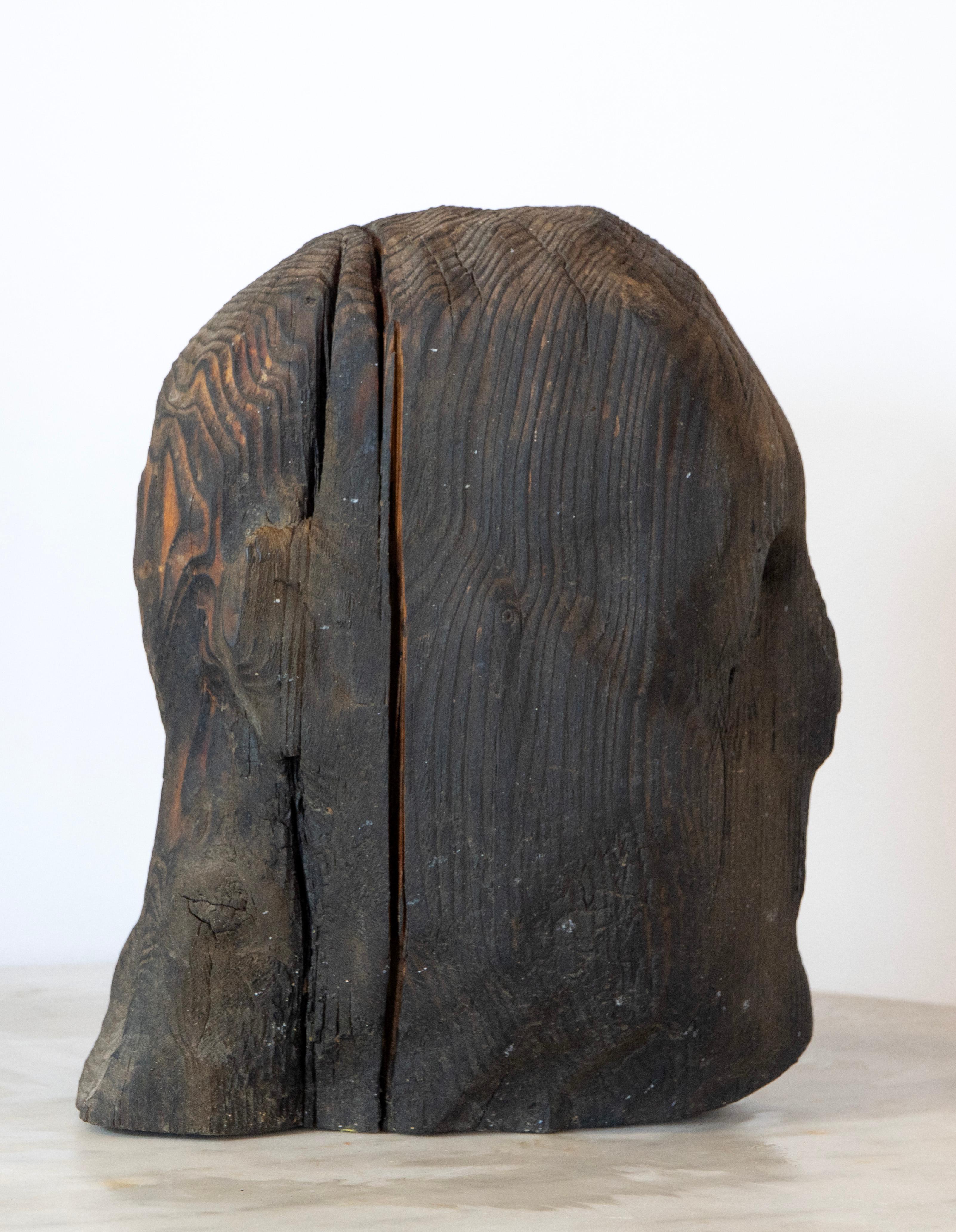 Charred Pine Head II. Yakisugi Burnt-Wood Sculpture, Pyrolyzed Wooden Bust For Sale 2