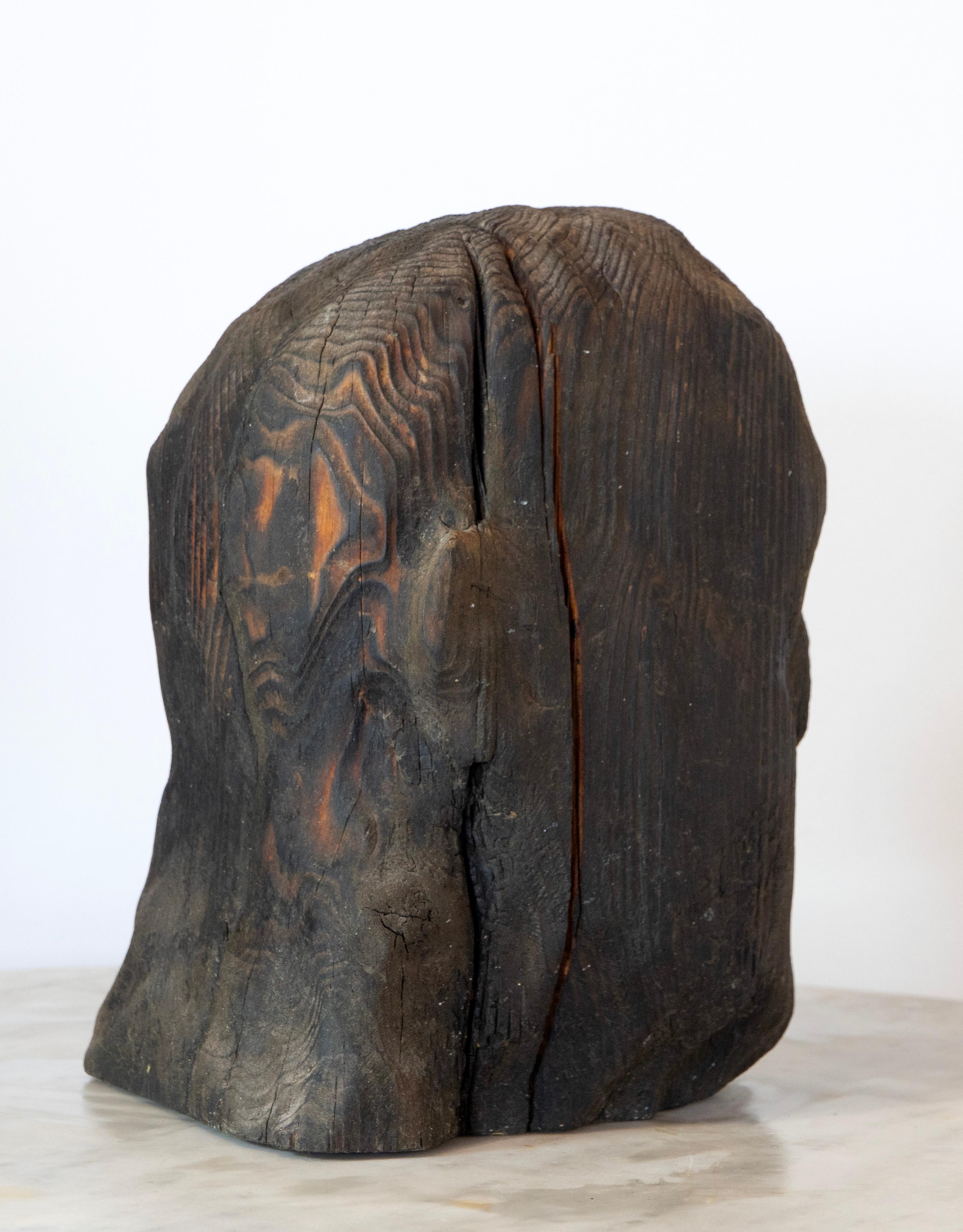 Charred Pine Head II. Yakisugi Burnt-Wood Sculpture, Pyrolyzed Wooden Bust For Sale 3