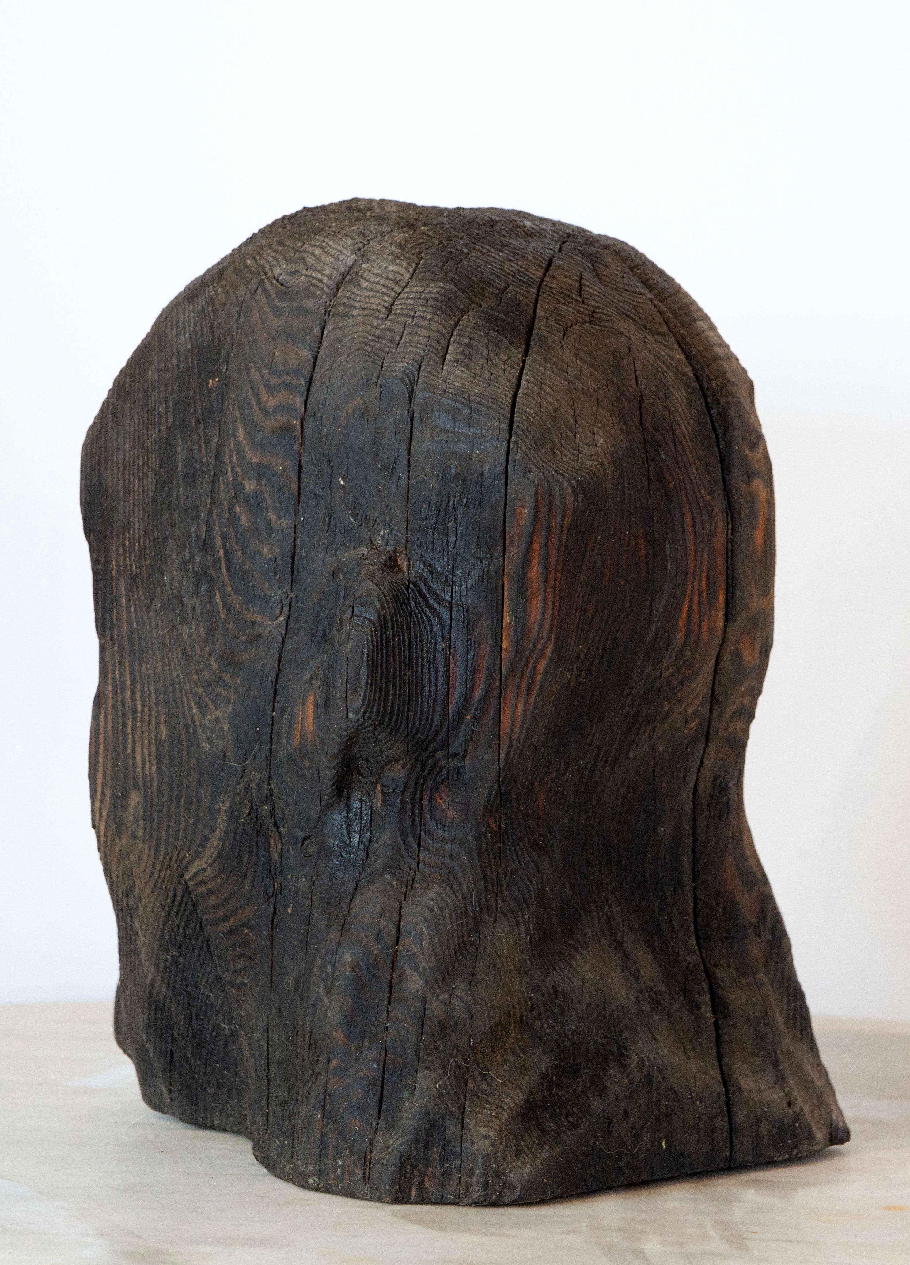 Charred Pine Head II. Yakisugi Burnt-Wood Sculpture, Pyrolyzed Wooden Bust For Sale 6