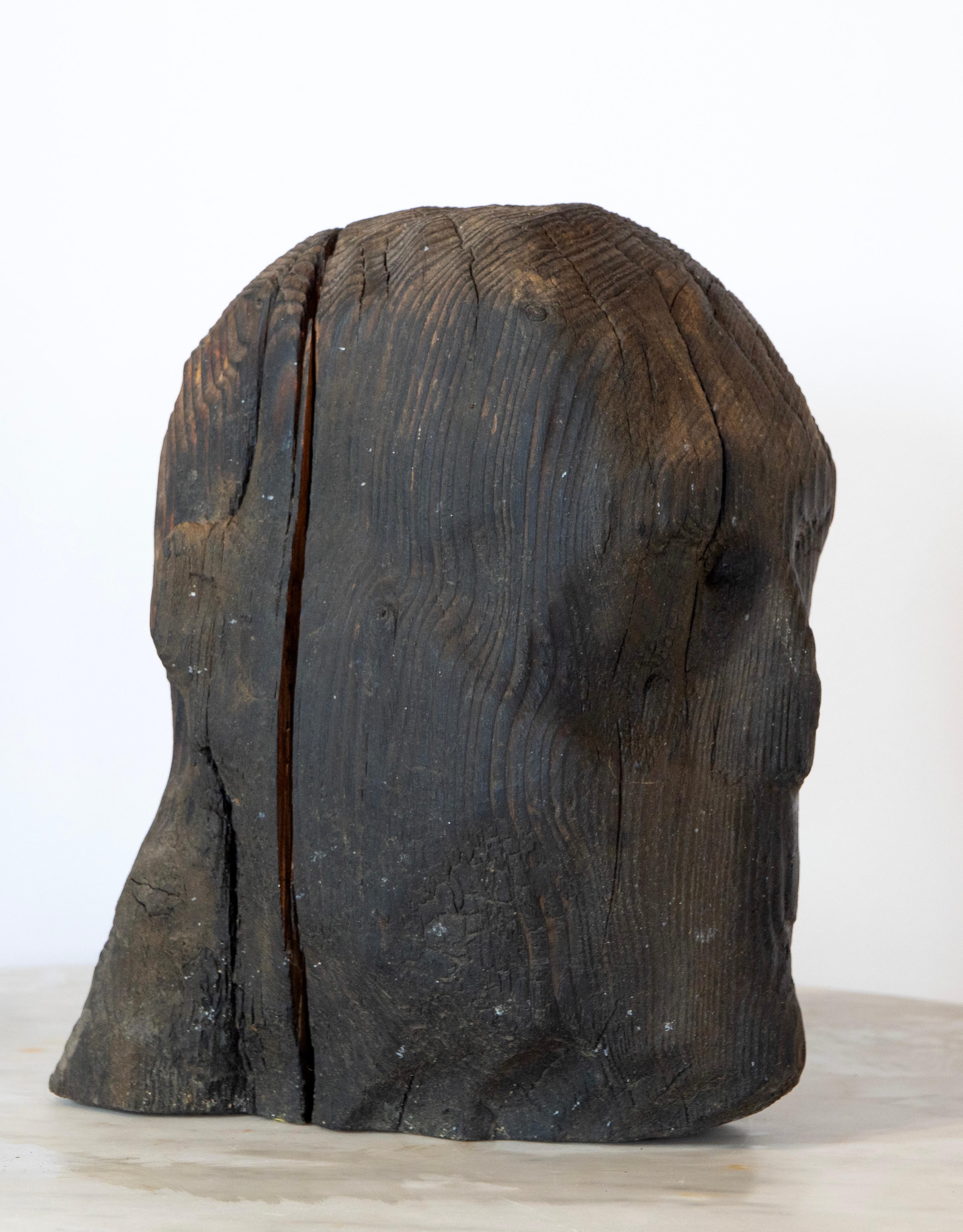 Charred Pine Head II. Yakisugi Burnt-Wood Sculpture, Pyrolyzed Wooden Bust