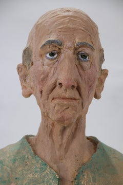 Colorful Old Man Figurative Bust Sculpture in Ceramic Stucco and Copper Leaf