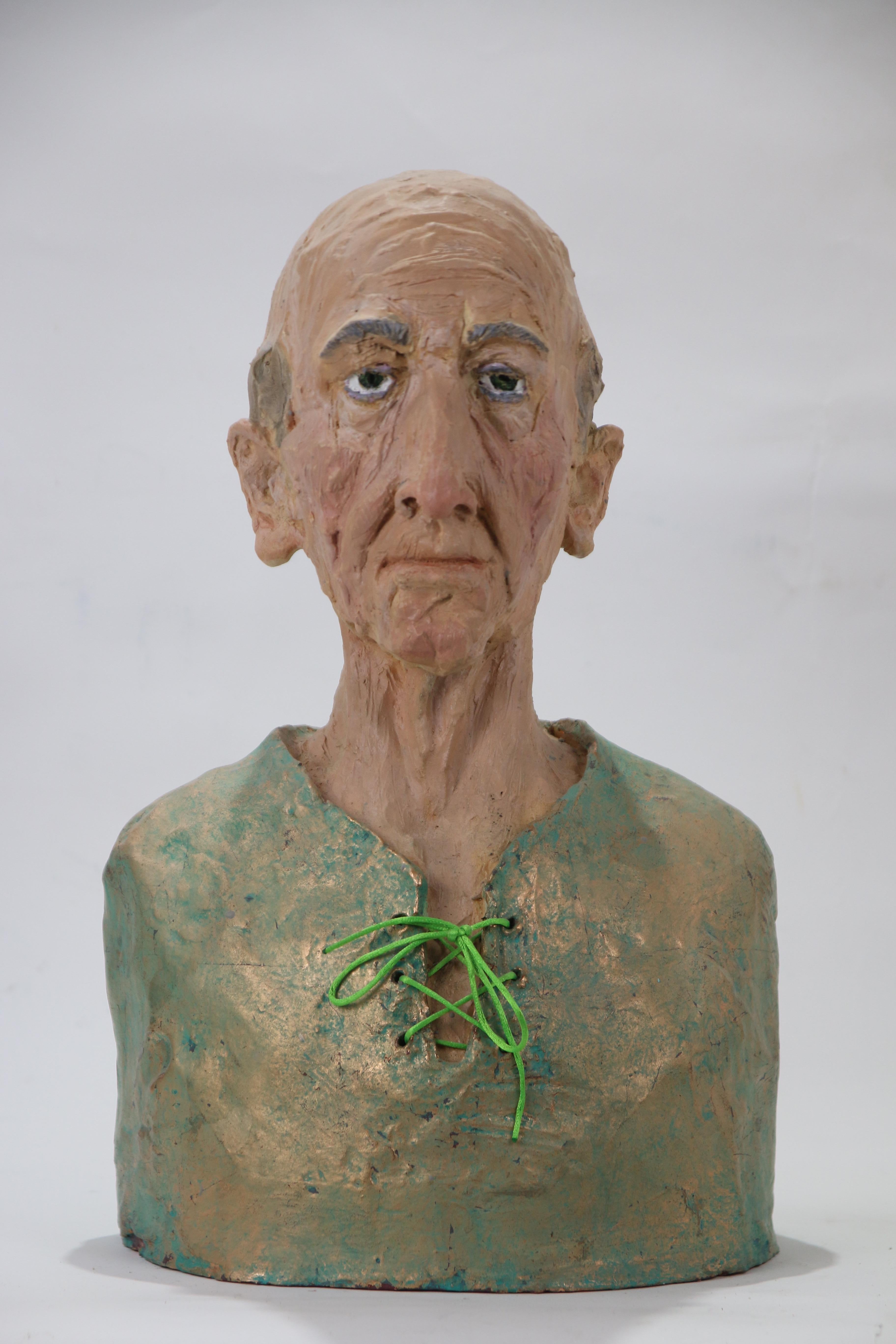 Colorful Old Man Figurative Bust Sculpture in Ceramic Stucco and Copper Leaf