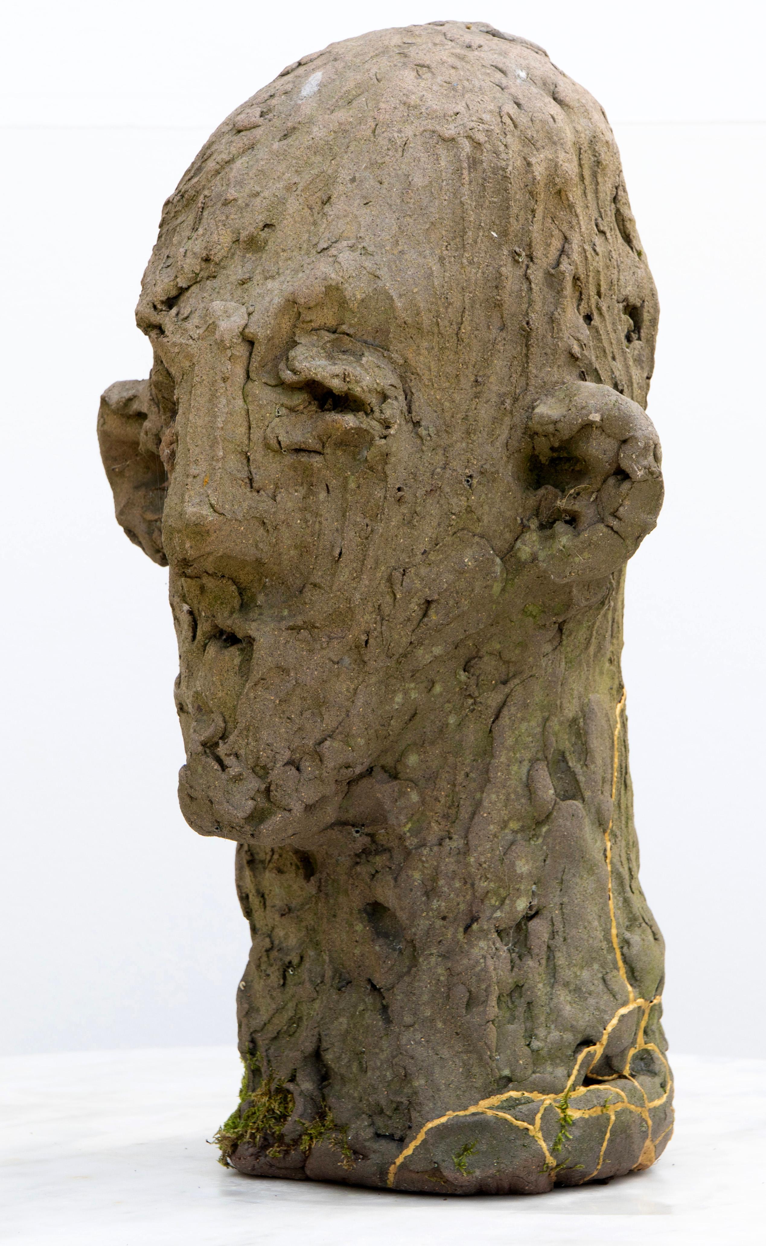 Testa 6 is a contemporary expressionist ceramic head from the ongoing Testas series of sculptural heads. Created in refractory stoneware, the piece is fired in reduction and subsequently repaired using kintsugi, the Japanese technique of joining