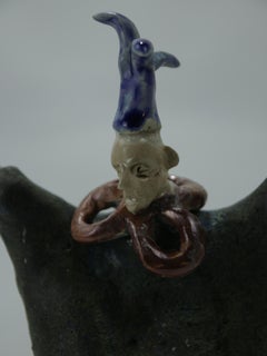 Expresionist Ceramic Figurative Sculpture Tricorn Hat Character with Gold Leaf