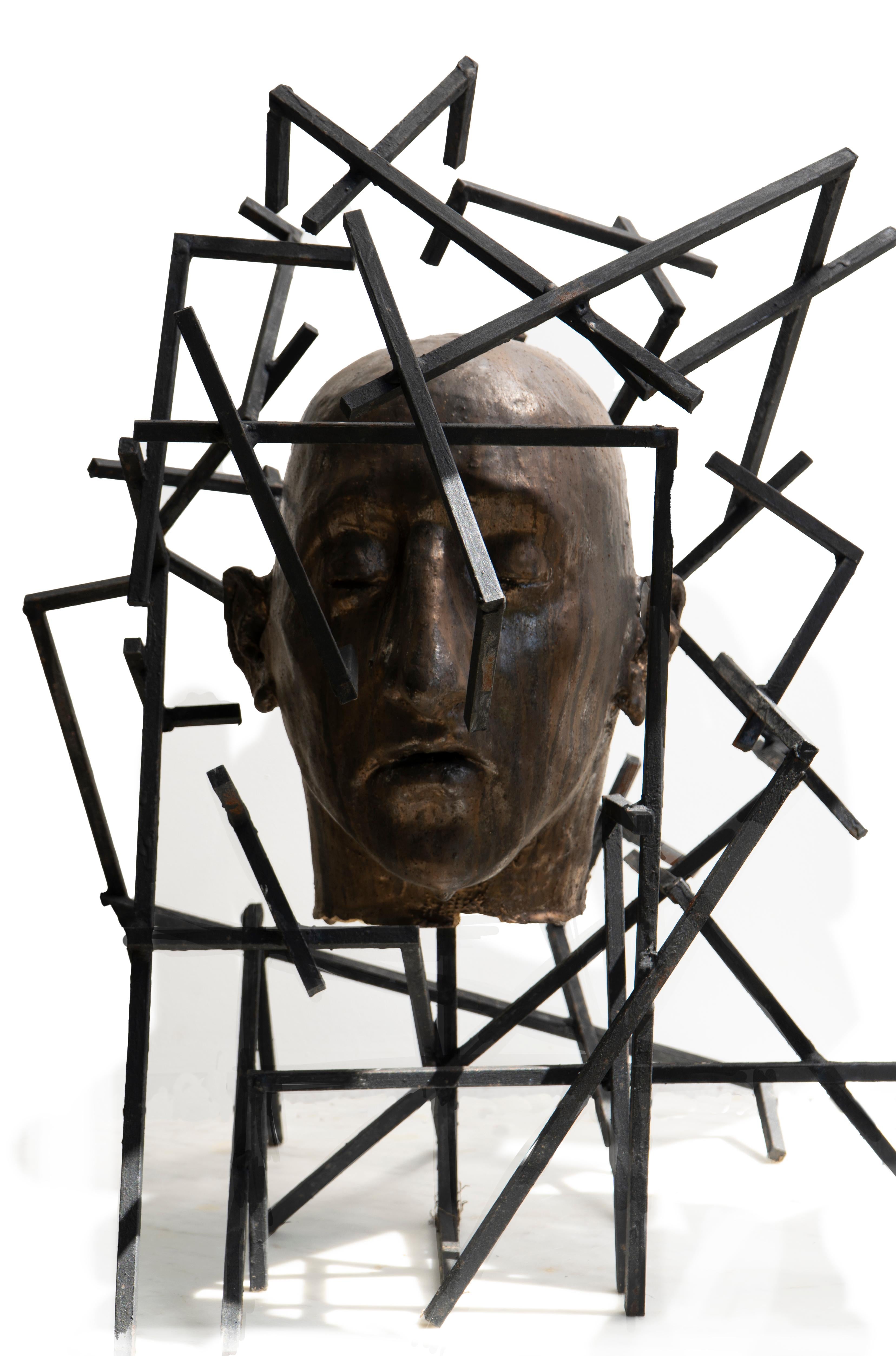 Óscar Aldonza Torres Abstract Sculpture - Architectural Ceramic Head Sculpture with Forged Iron Framework for Outdoor