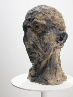 Expressionist Ceramic Head Sculpture in Experimental Ash Clay, Pit-Fired