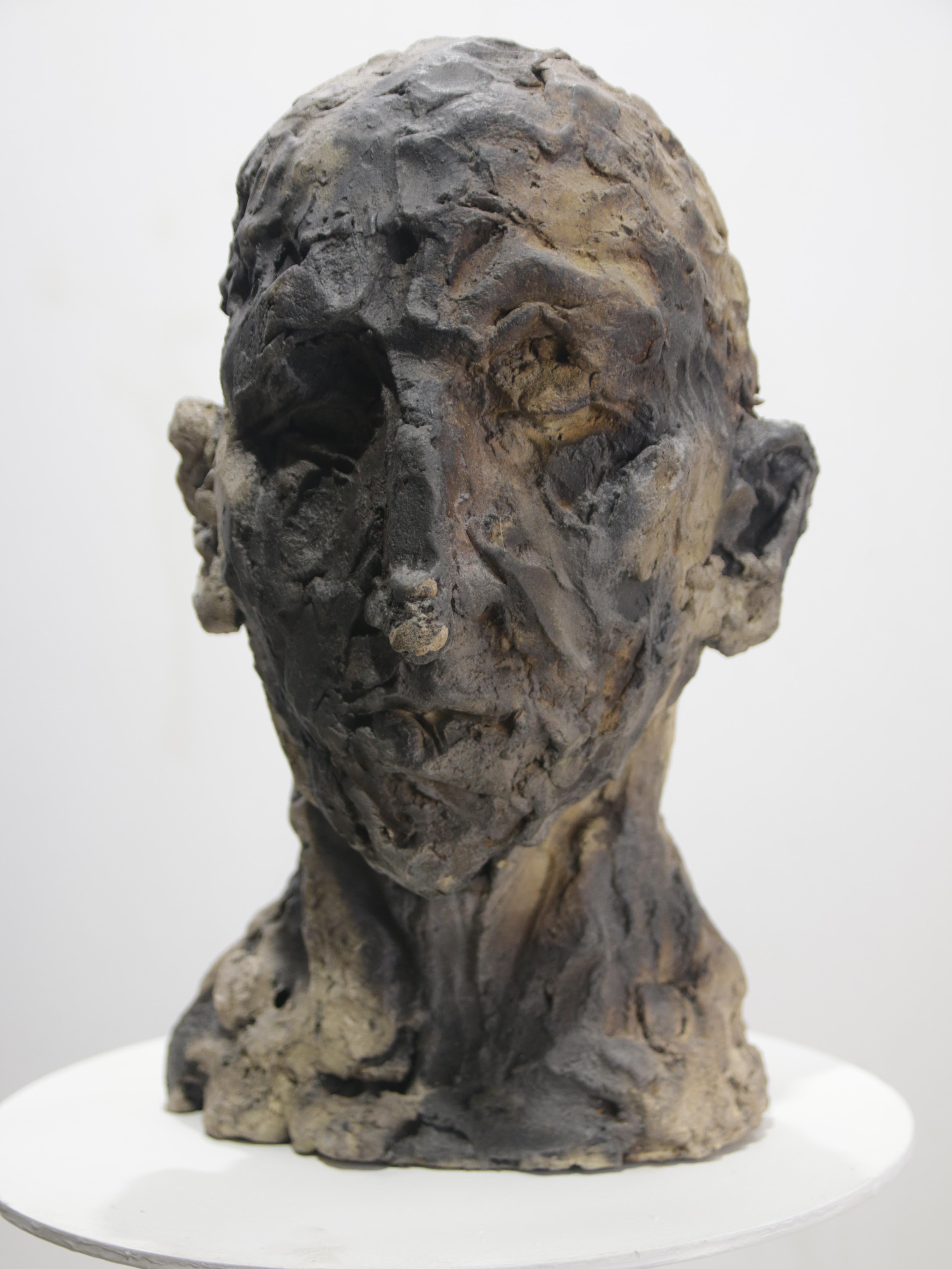 Óscar Aldonza Torres Abstract Sculpture - Expressionist Ceramic Head Sculpture in Experimental Ash Clay, Pit-Fired