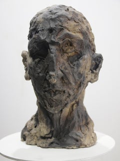 Expressionist Ceramic Head Sculpture in Experimental Ash Clay, Pit-Fired