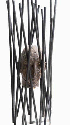 Expressionist Ceramic Head Sculpture Within Forged Iron Cage Figure