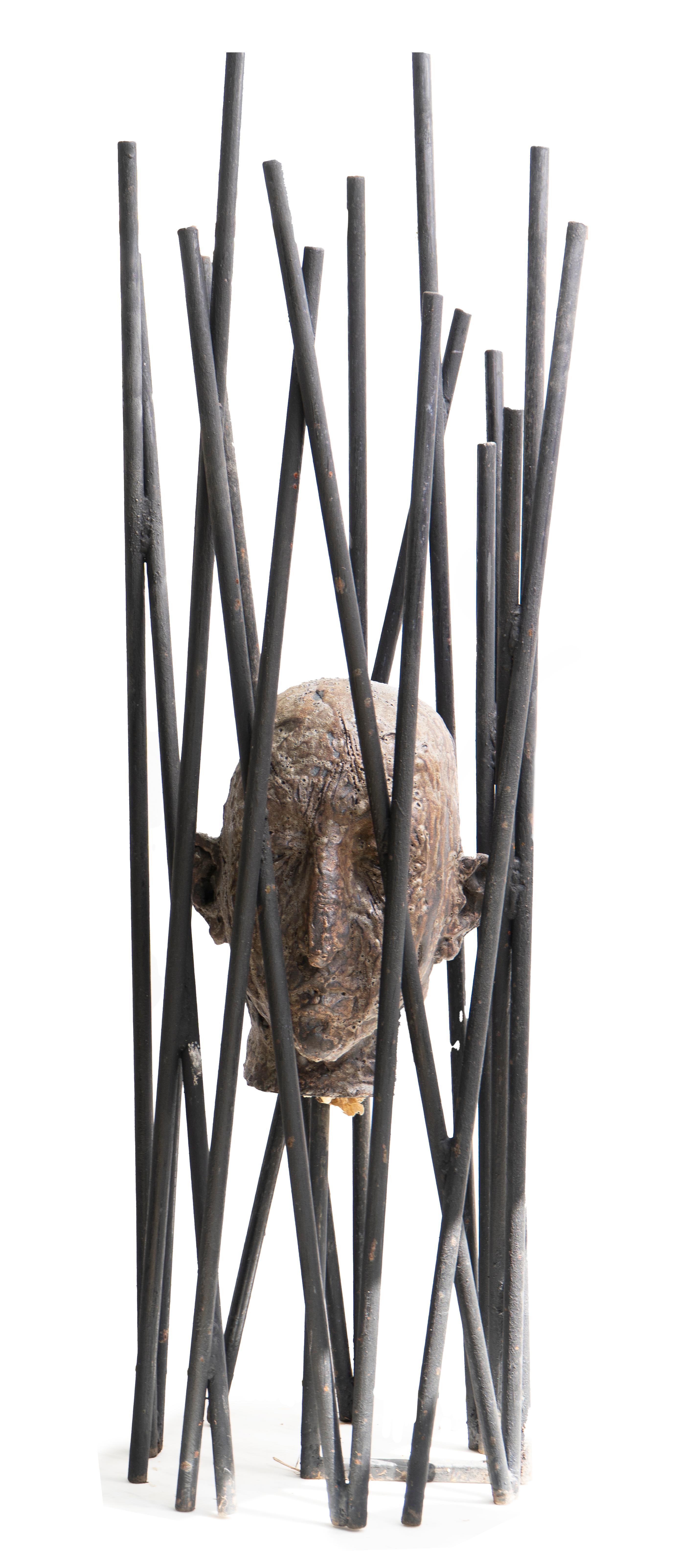 Óscar Aldonza Torres Abstract Sculpture - Ceramic Head Sculpture in Forged Iron Cage Expressionist Figurative Artwork