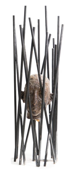 Expressionist Ceramic Head Sculpture Within Forged Iron Cage Figure