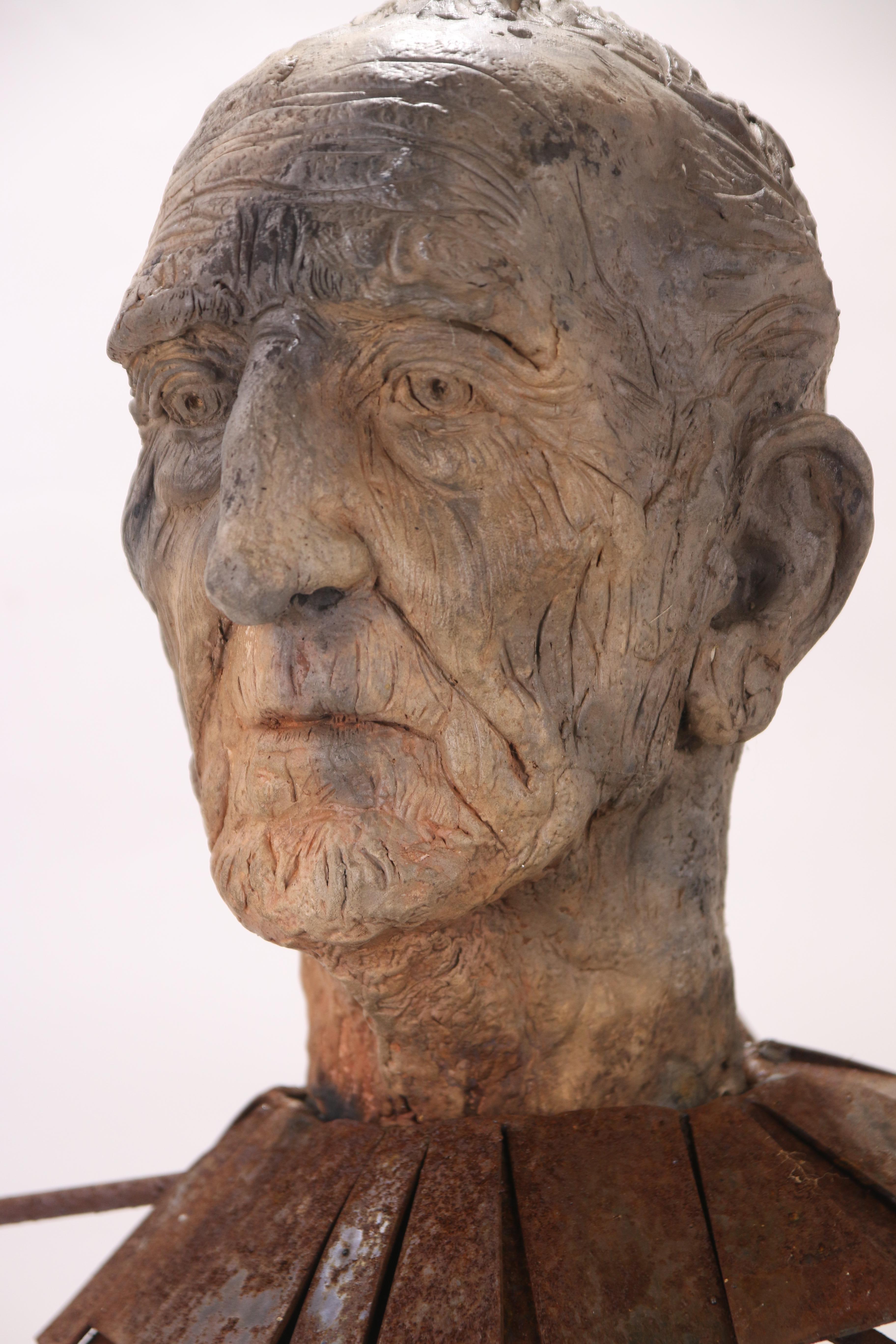 Expressive Abstract Figurative Ceramic and Iron Sculptural Bust Learner Three - Gray Figurative Sculpture by Óscar Aldonza Torres