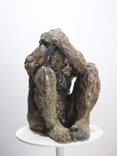 Expressive Ceramic Sculpture of Crouching Human Figure, Glazed Refractory Clay