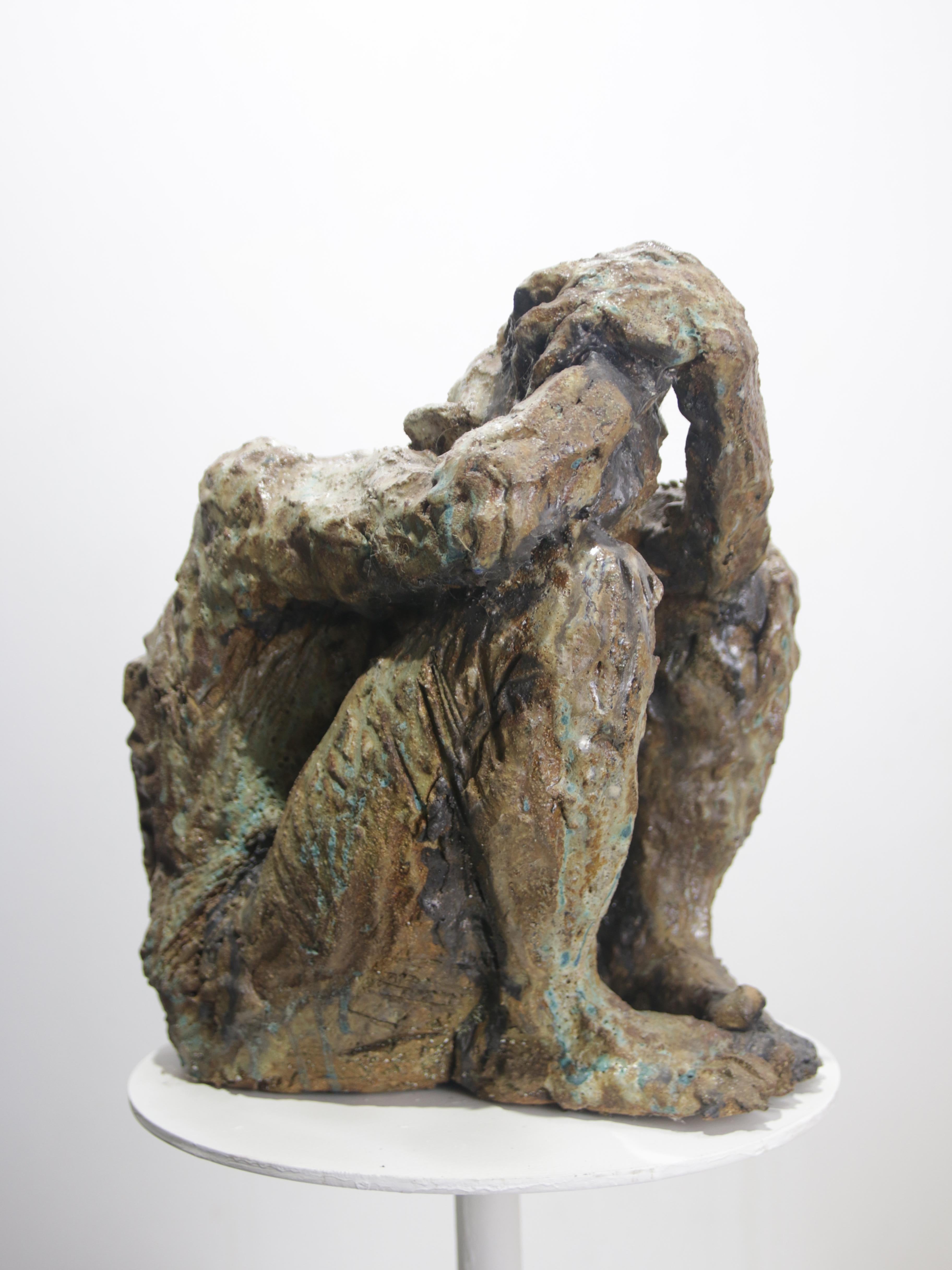 Expressive Ceramic Sculpture of Crouching Human Figure, Glazed Refractory Clay