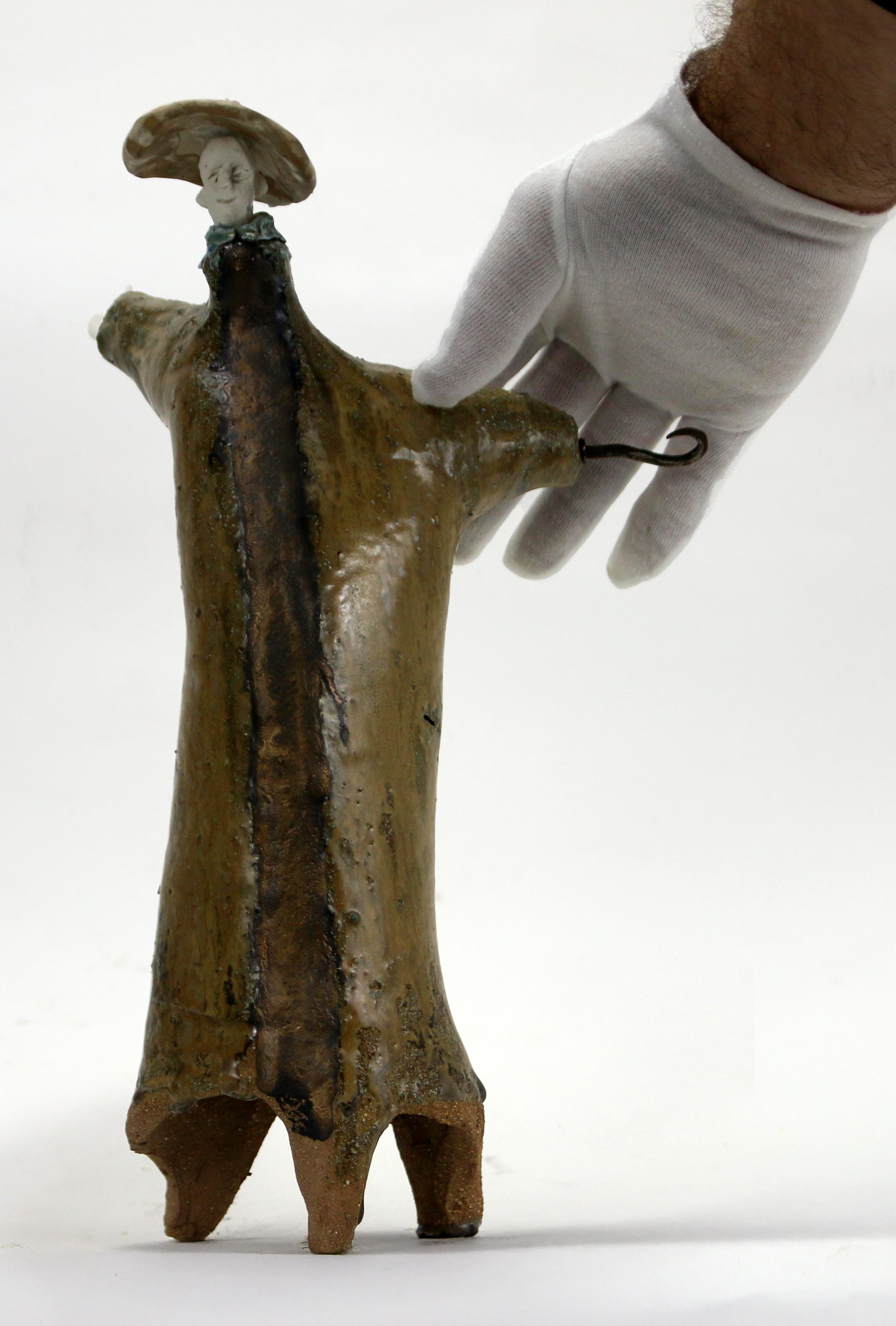 Expressive High Fire Ceramic Figure with Forged Iron Hook Extravagant Series - Sculpture by Óscar Aldonza Torres