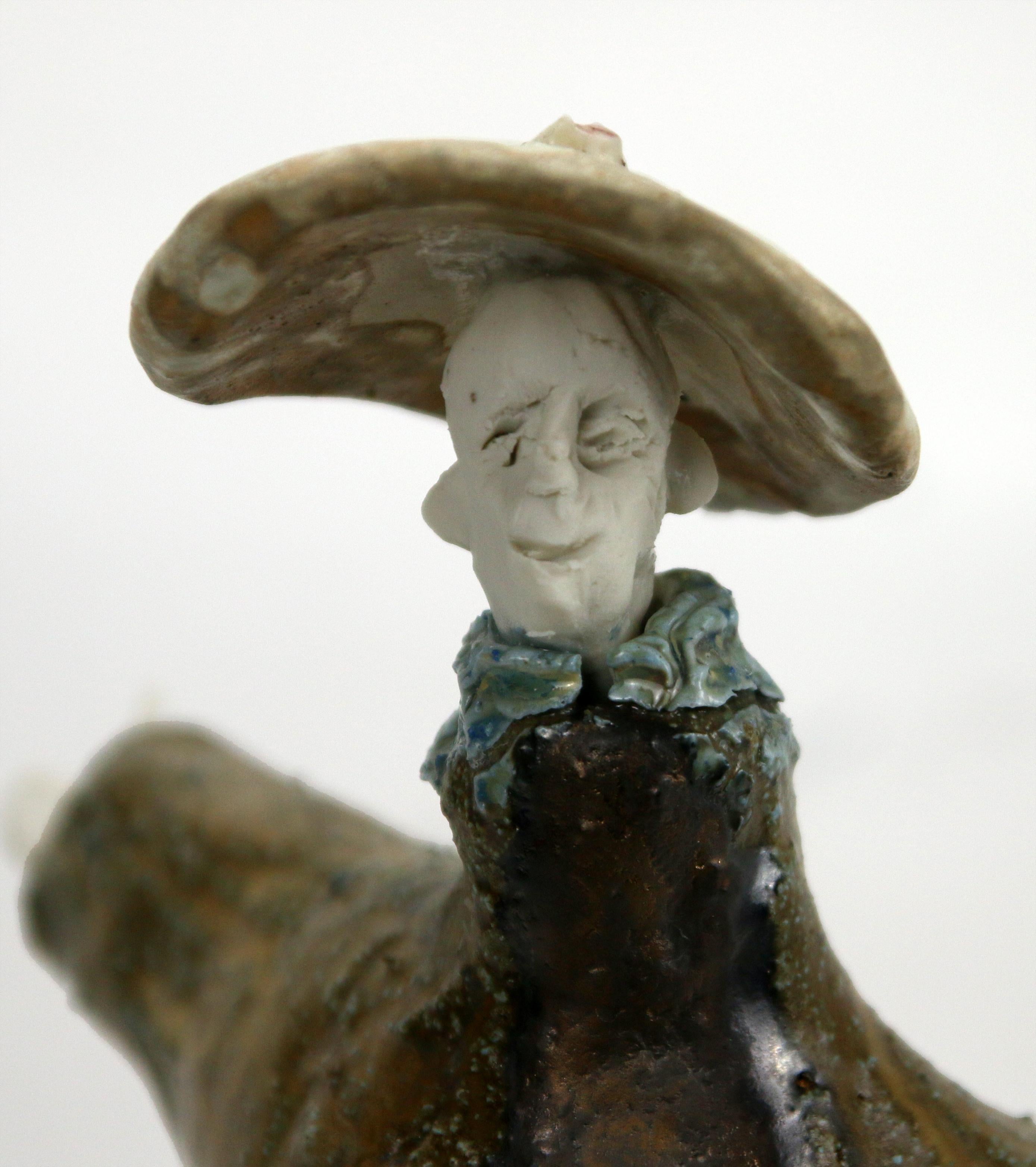 Expressive High Fire Ceramic Figure with Forged Iron Hook Extravagant Series - Contemporary Sculpture by Óscar Aldonza Torres