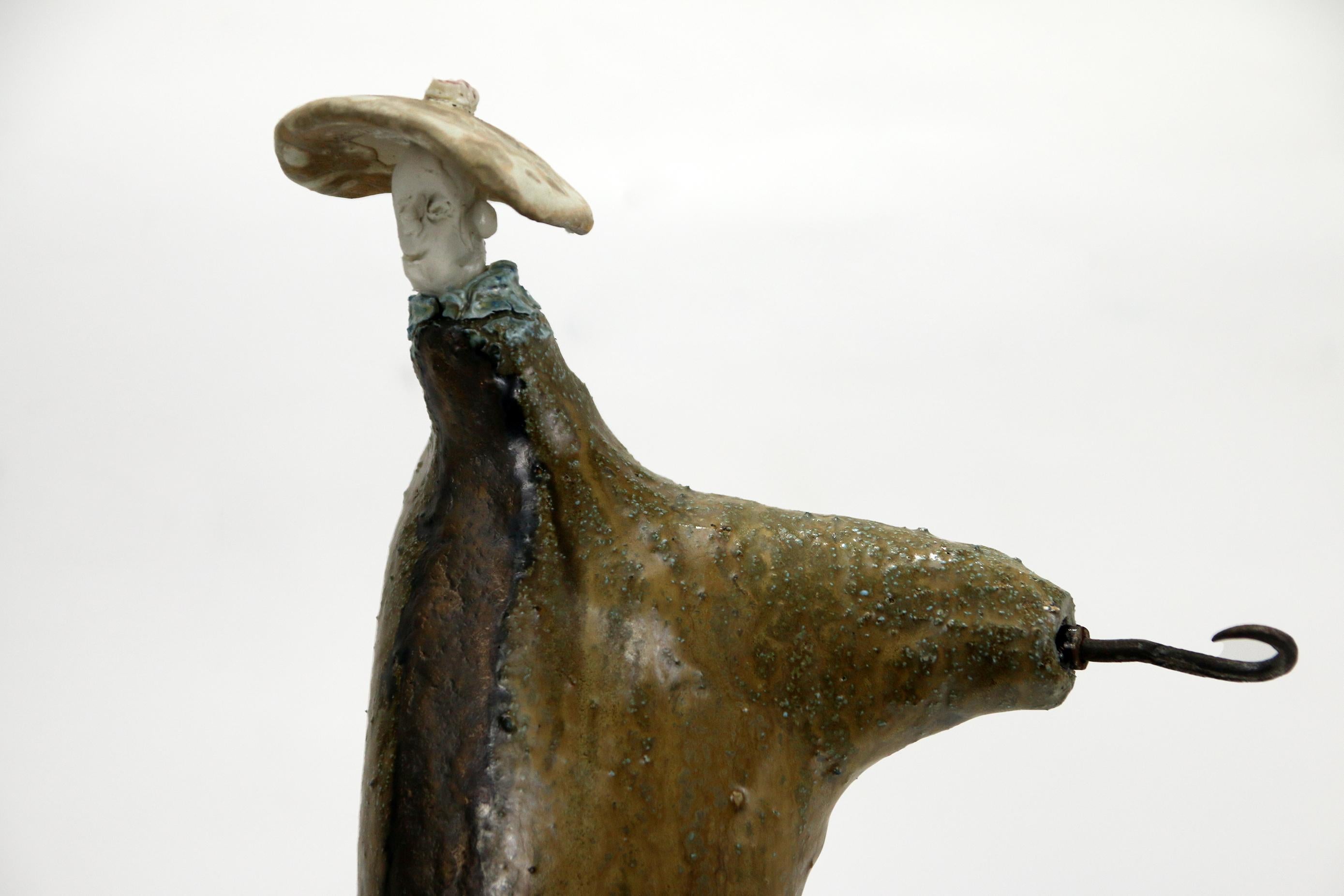 Expressive High Fire Ceramic Figure with Forged Iron Hook Extravagant Series For Sale 4