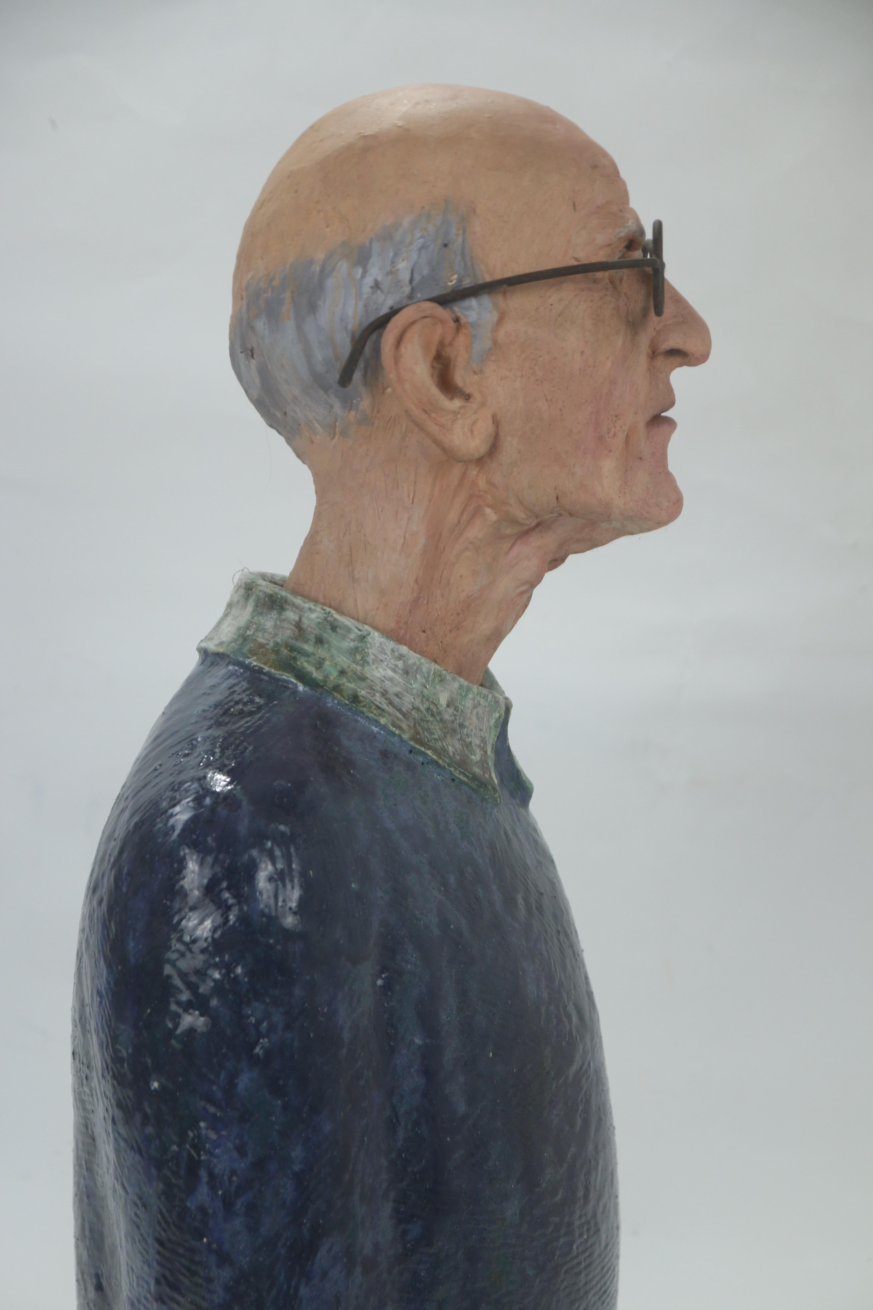 Expressive High Fire Glazed Ceramic Painted Old Man Bust and Forged Iron Glasses For Sale 5