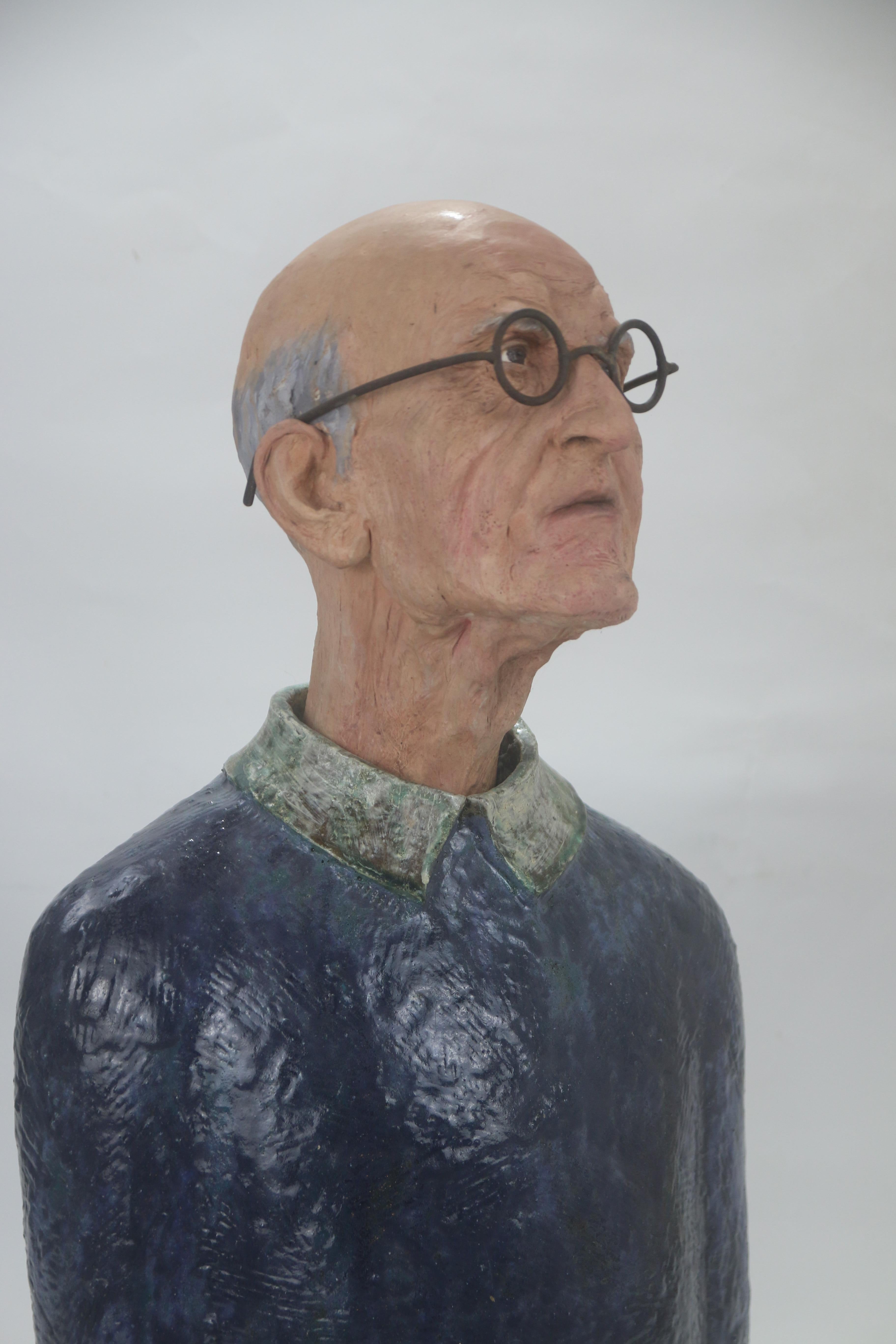Expressive High Fire Glazed Ceramic Painted Old Man Bust and Forged Iron Glasses For Sale 7
