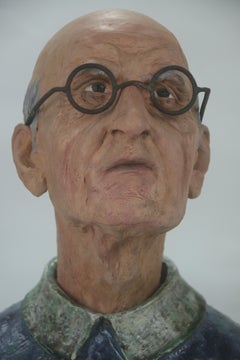 Expressive High Fire Glazed Ceramic Painted Old Man Bust and Forged Iron Glasses