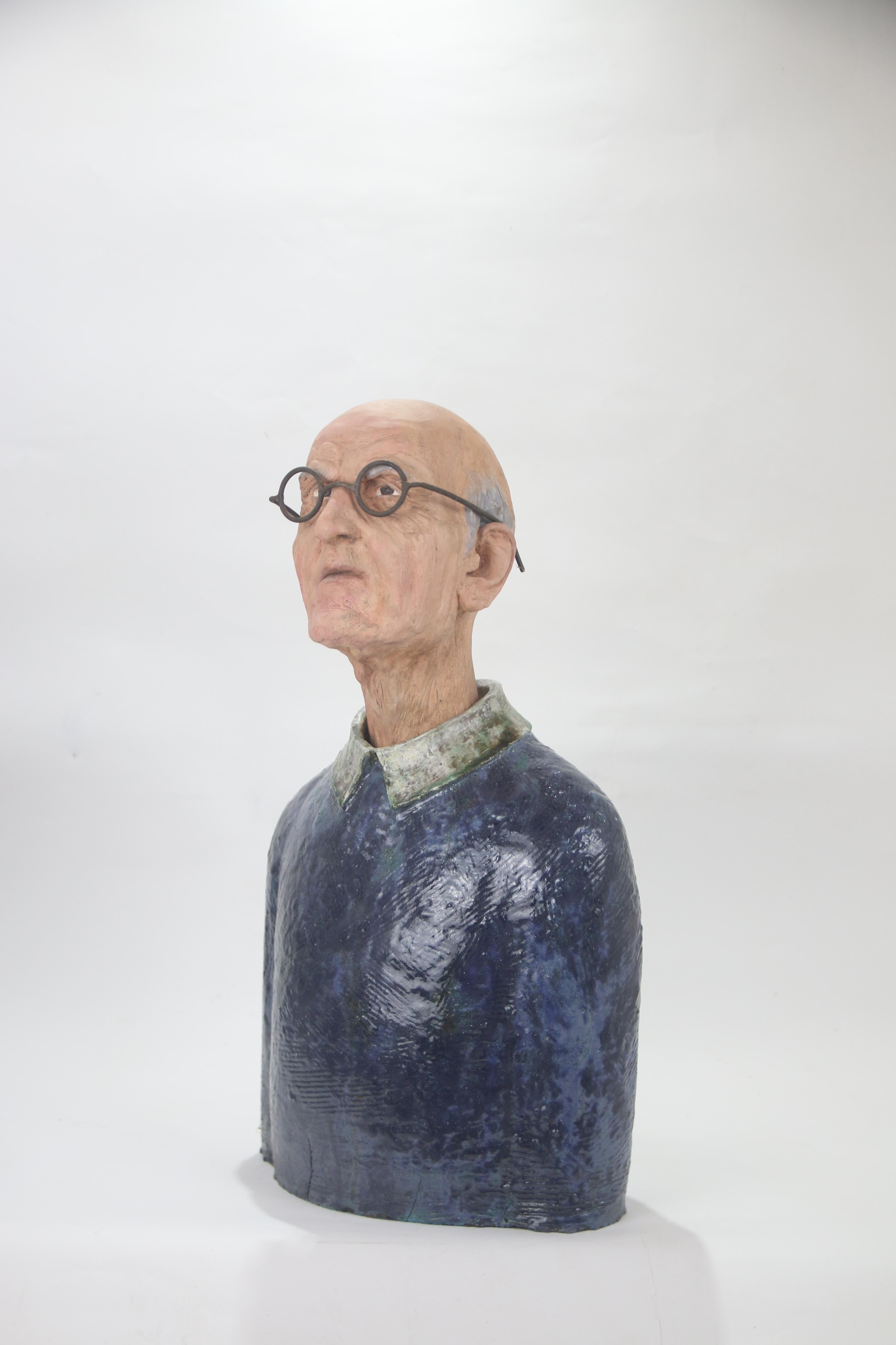 Expressive High Fire Glazed Ceramic Painted Old Man Bust and Forged Iron Glasses For Sale 1