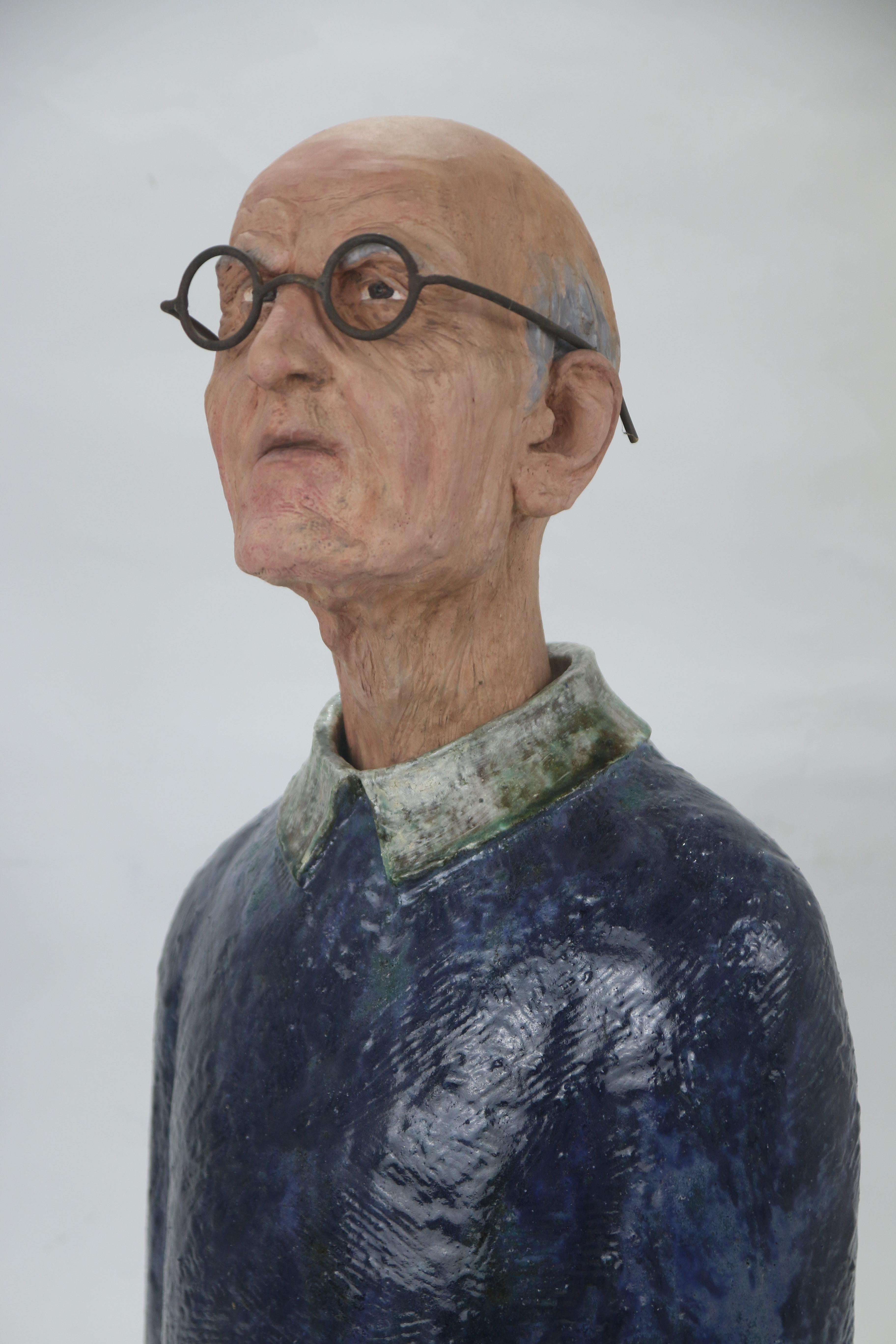 Expressive High Fire Glazed Ceramic Painted Old Man Bust and Forged Iron Glasses For Sale 2