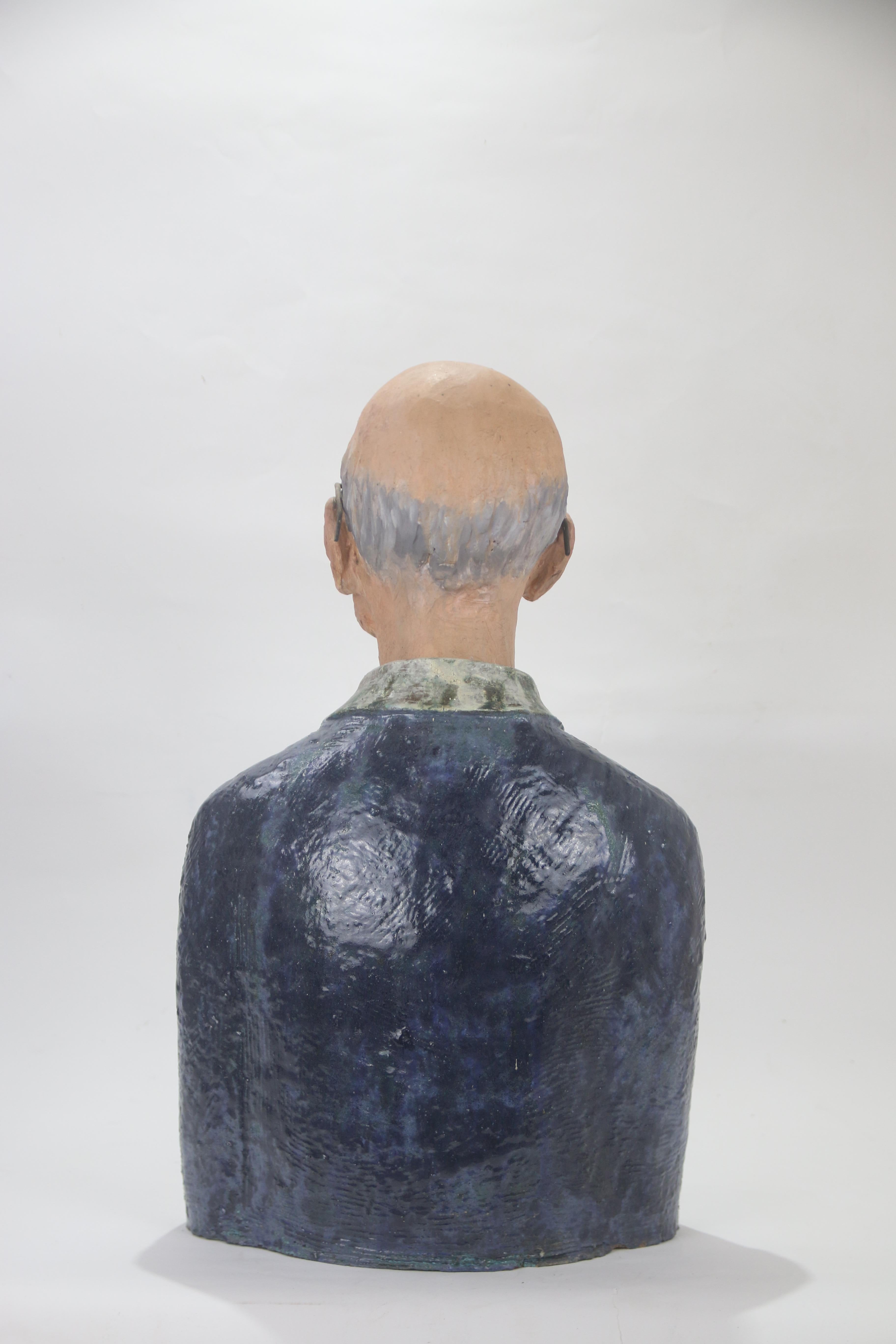 Expressive High Fire Glazed Ceramic Painted Old Man Bust and Forged Iron Glasses For Sale 3