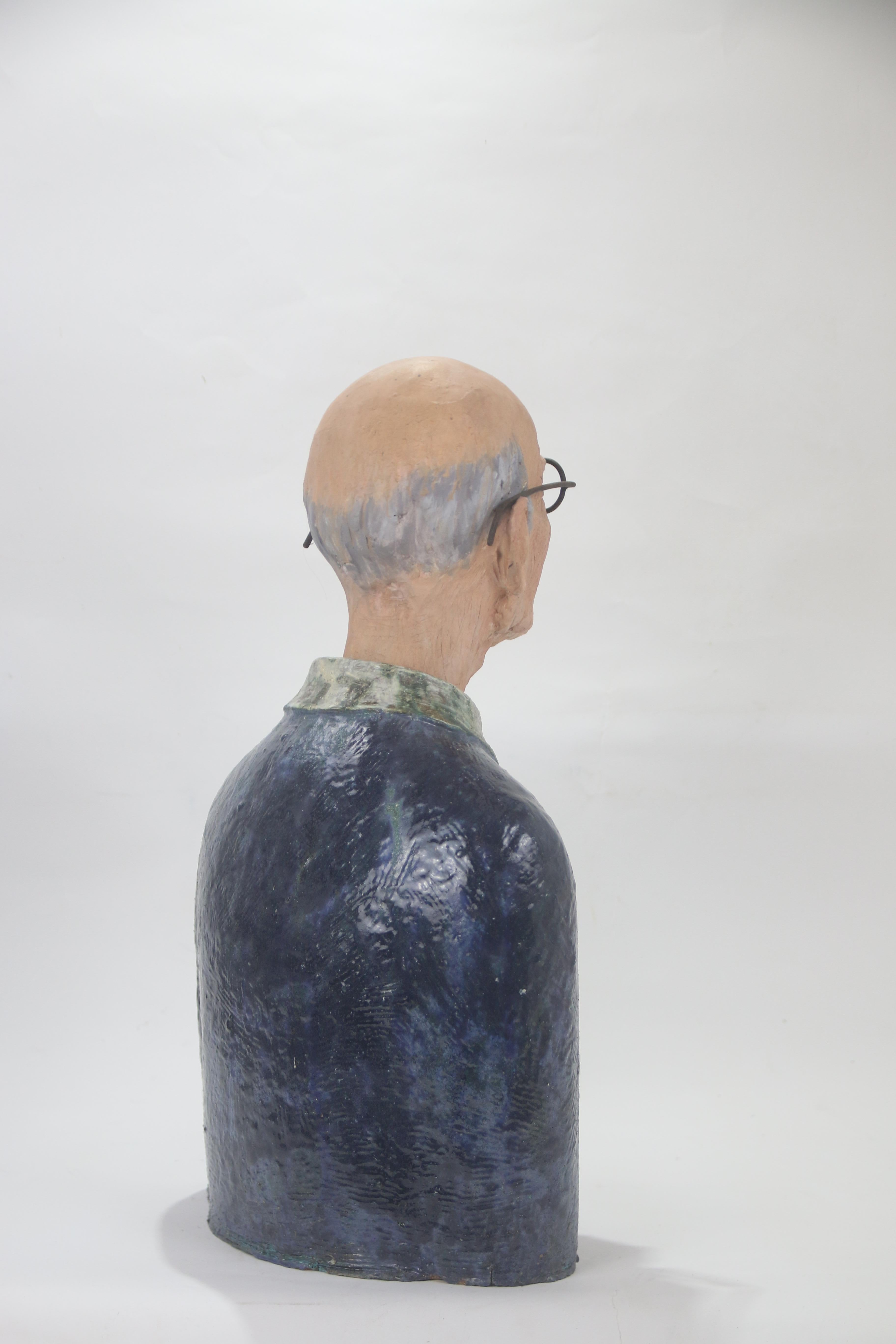 Expressive High Fire Glazed Ceramic Painted Old Man Bust and Forged Iron Glasses For Sale 4