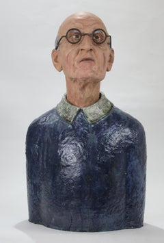 Expressive High Fire Glazed Ceramic Painted Old Man Bust and Forged Iron Glasses
